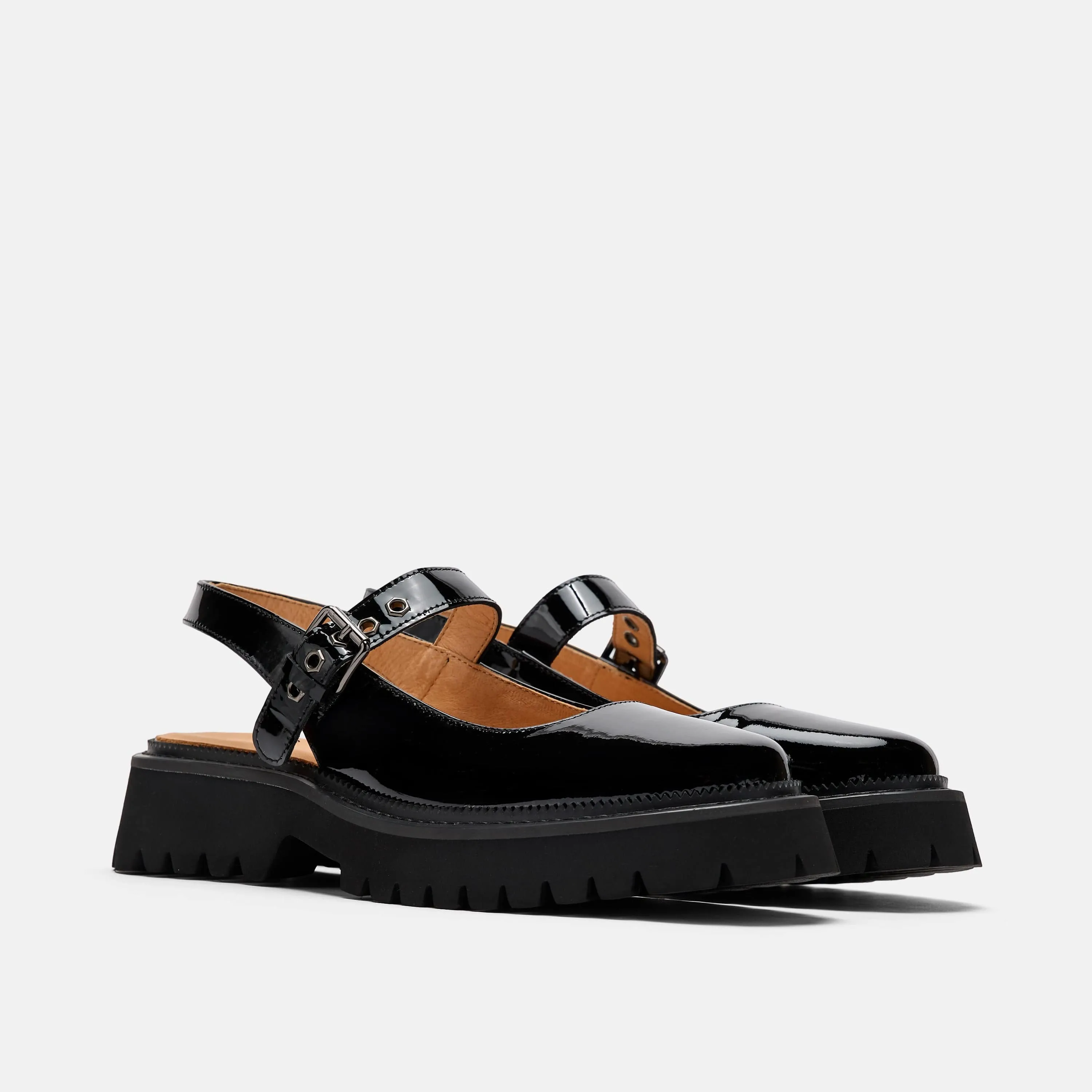 Luna Black Leather Mary Jane Lug Slingbacks