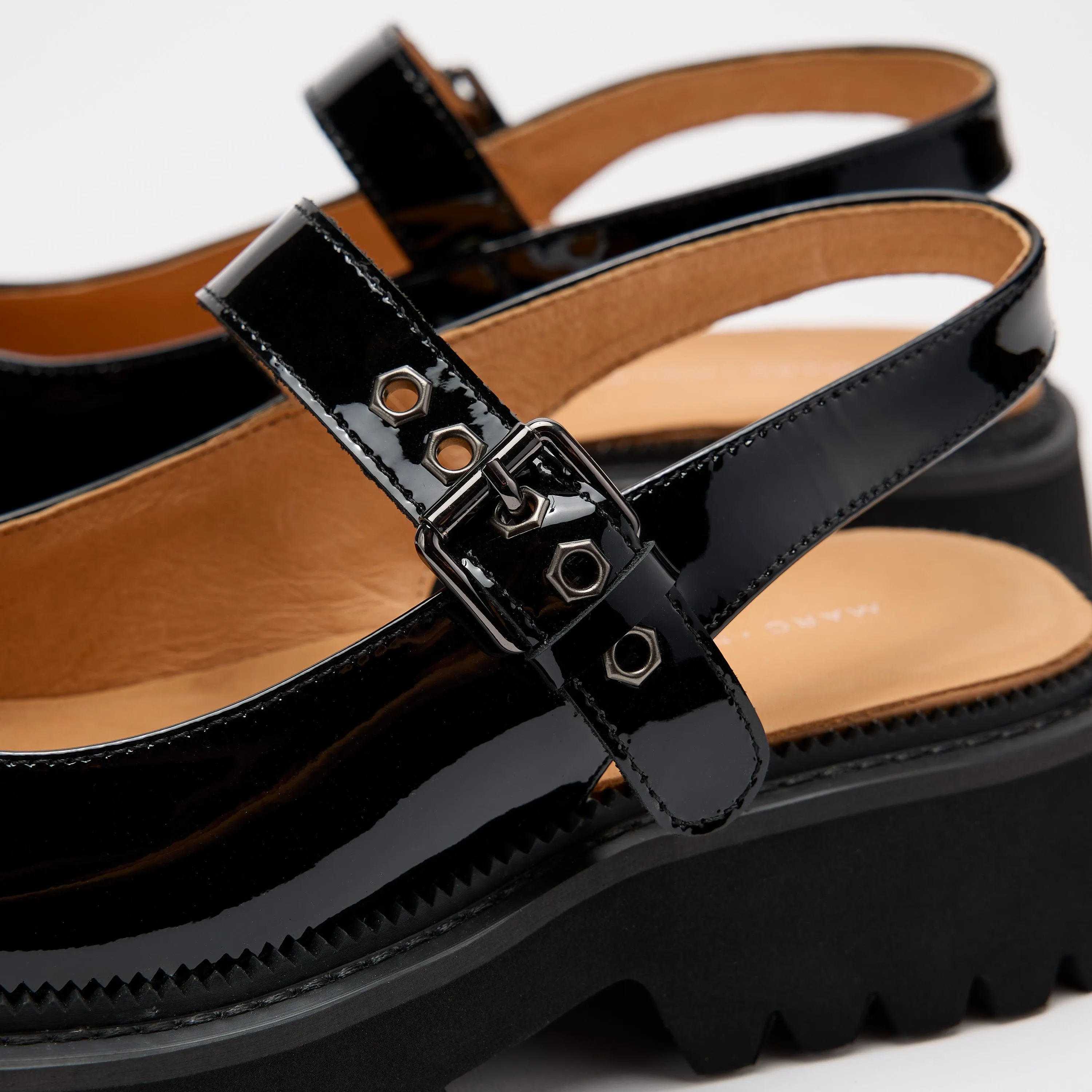 Luna Black Leather Mary Jane Lug Slingbacks