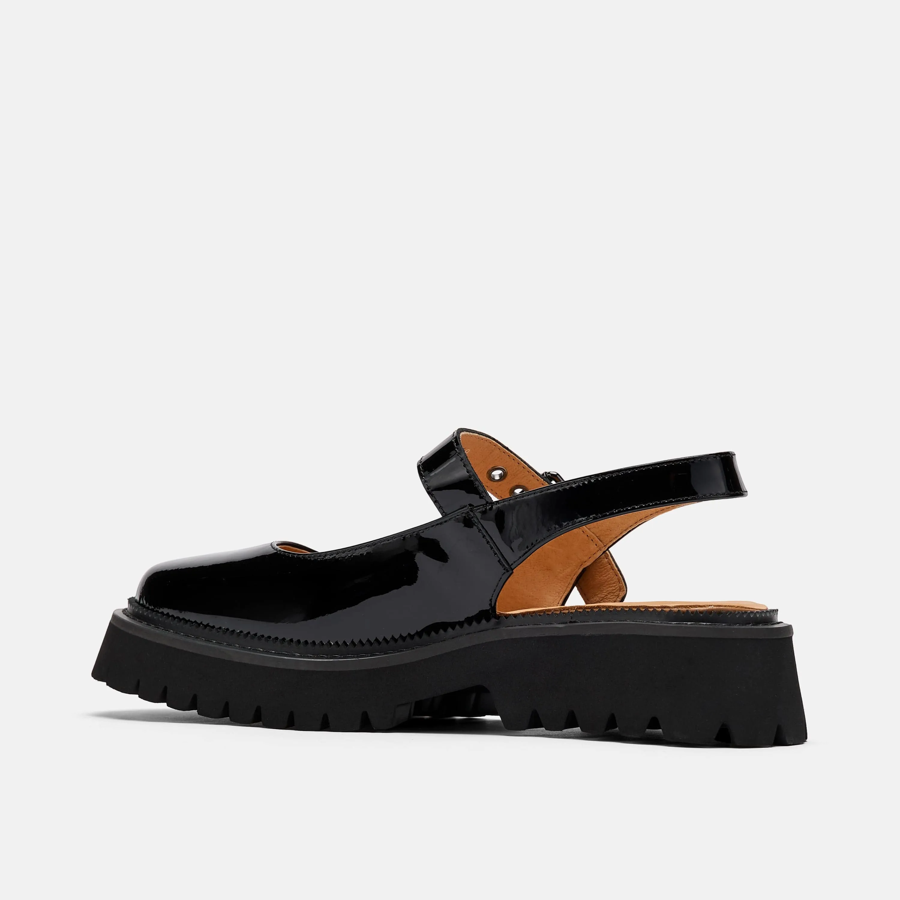 Luna Black Leather Mary Jane Lug Slingbacks