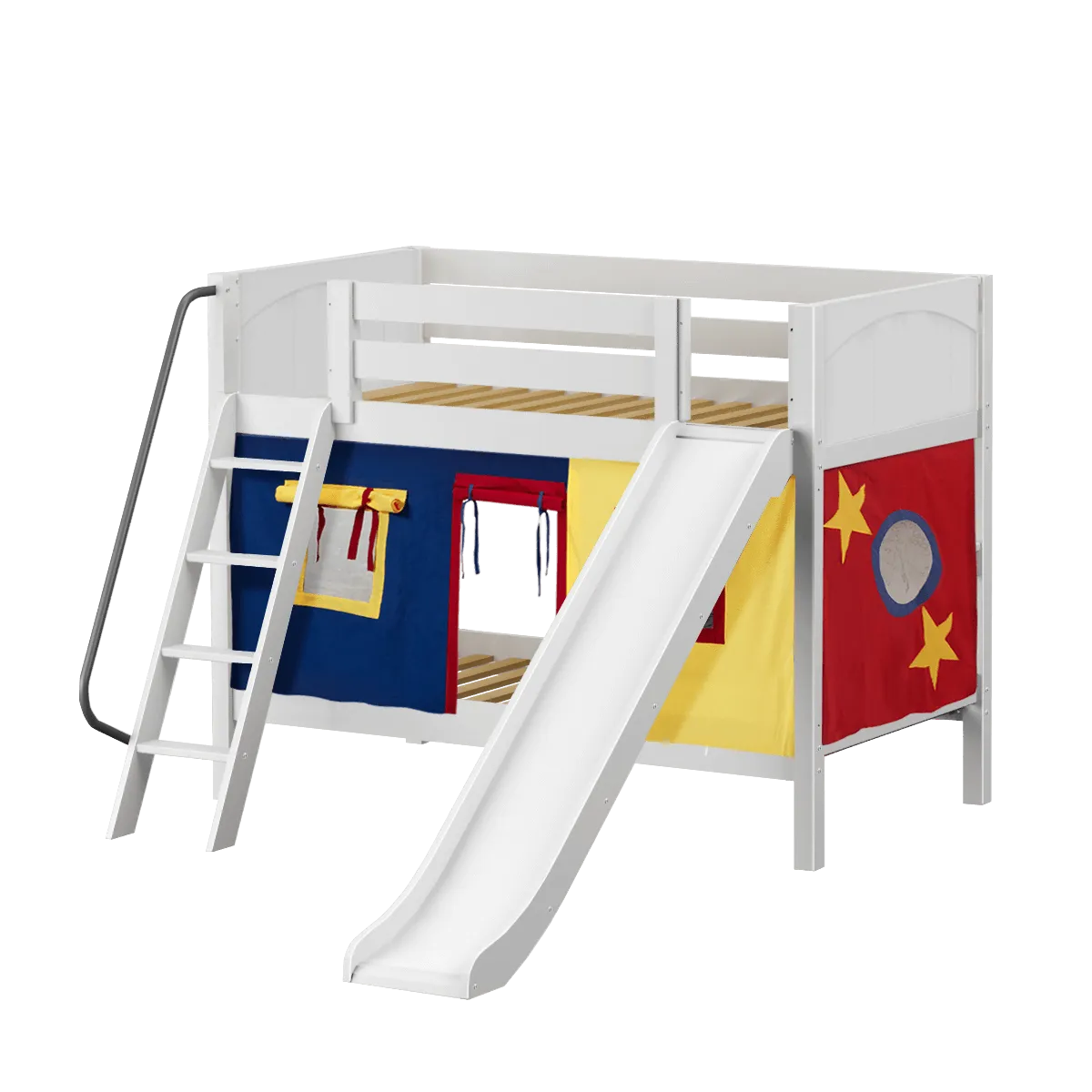 Maxtrix Twin Low Bunk Bed with Angled Ladder, Curtain   Slide