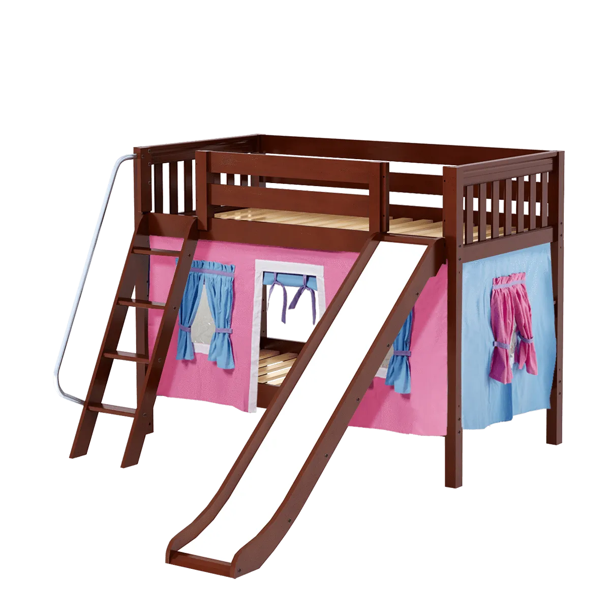 Maxtrix Twin Low Bunk Bed with Angled Ladder, Curtain   Slide