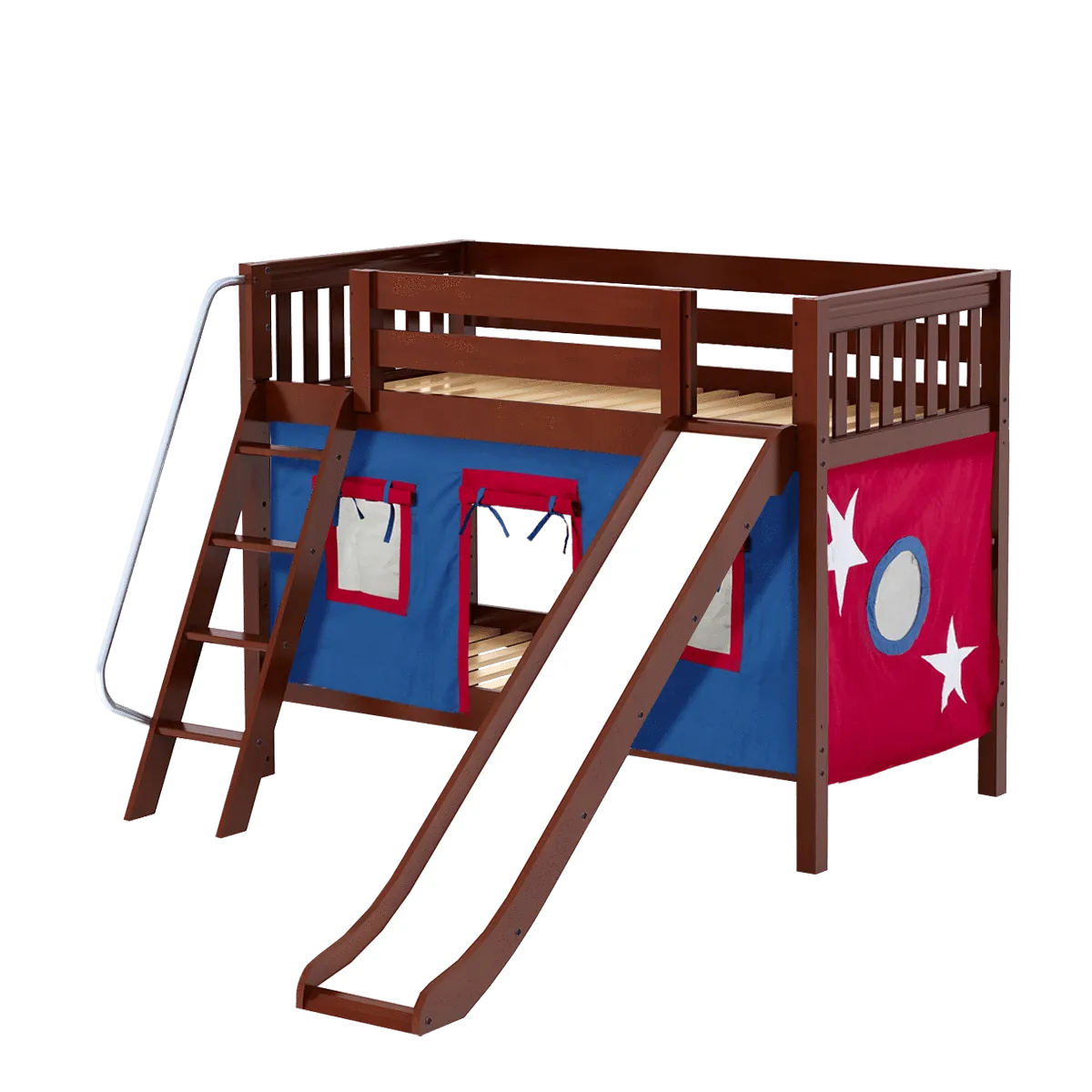Maxtrix Twin Low Bunk Bed with Angled Ladder, Curtain   Slide