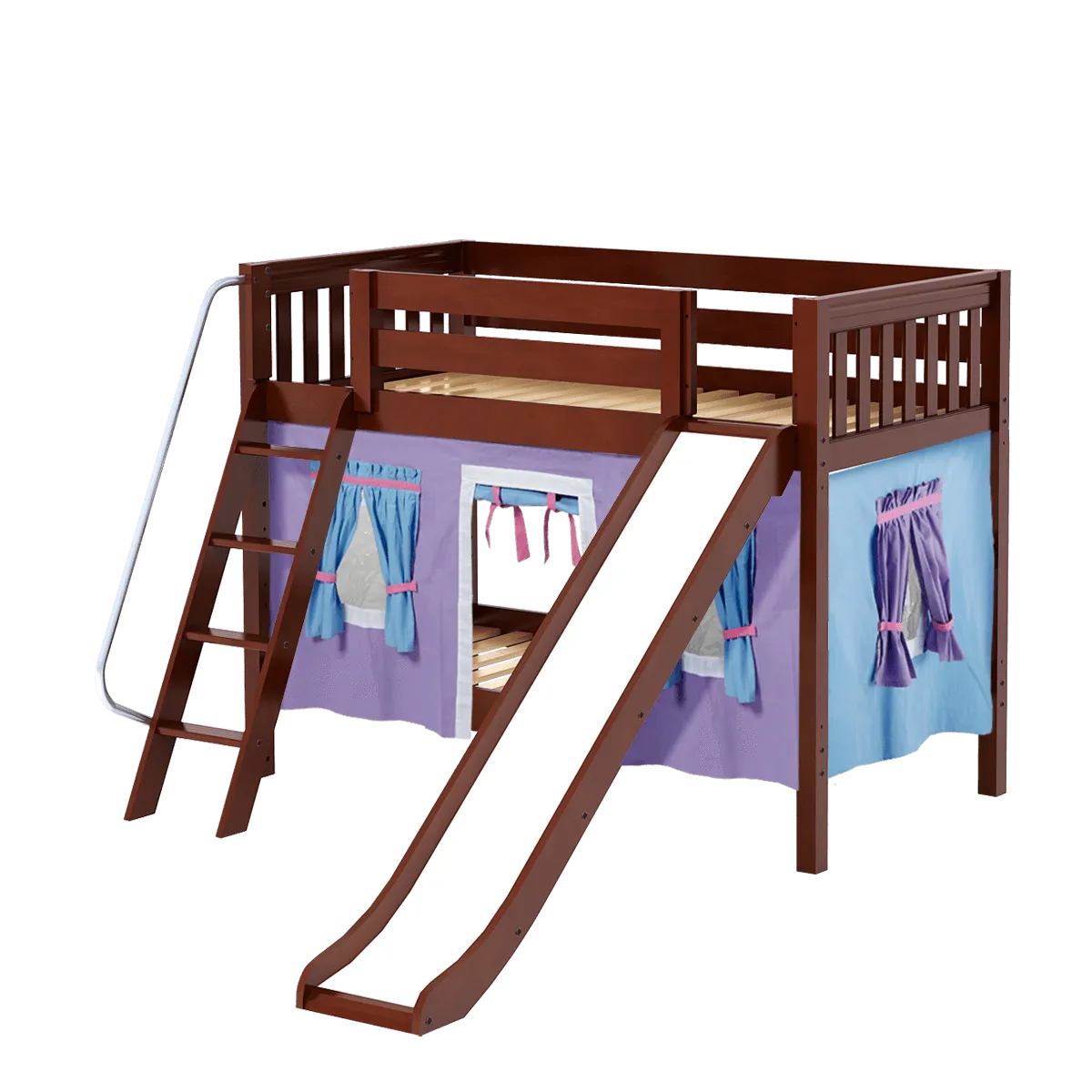Maxtrix Twin Low Bunk Bed with Angled Ladder, Curtain   Slide