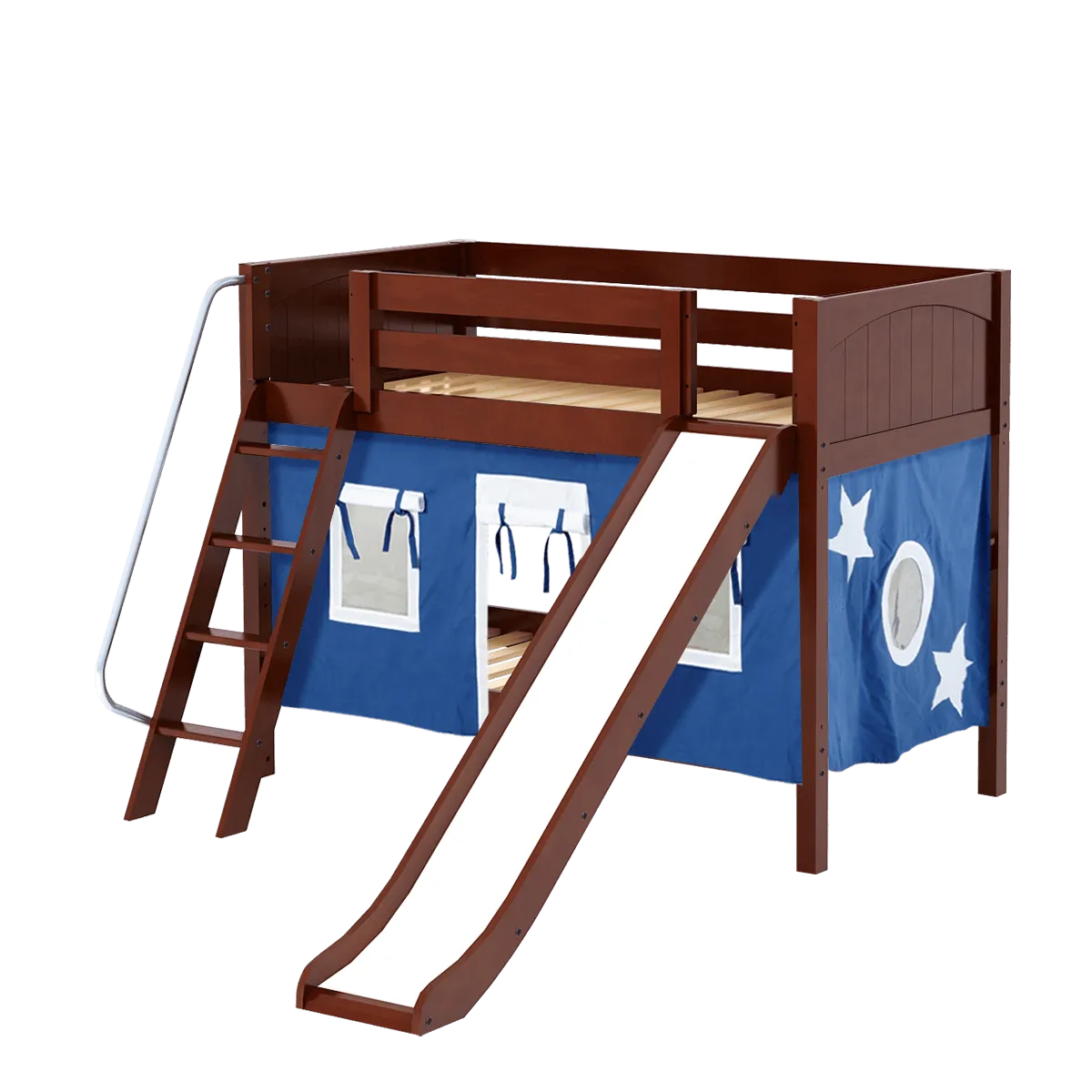 Maxtrix Twin Low Bunk Bed with Angled Ladder, Curtain   Slide