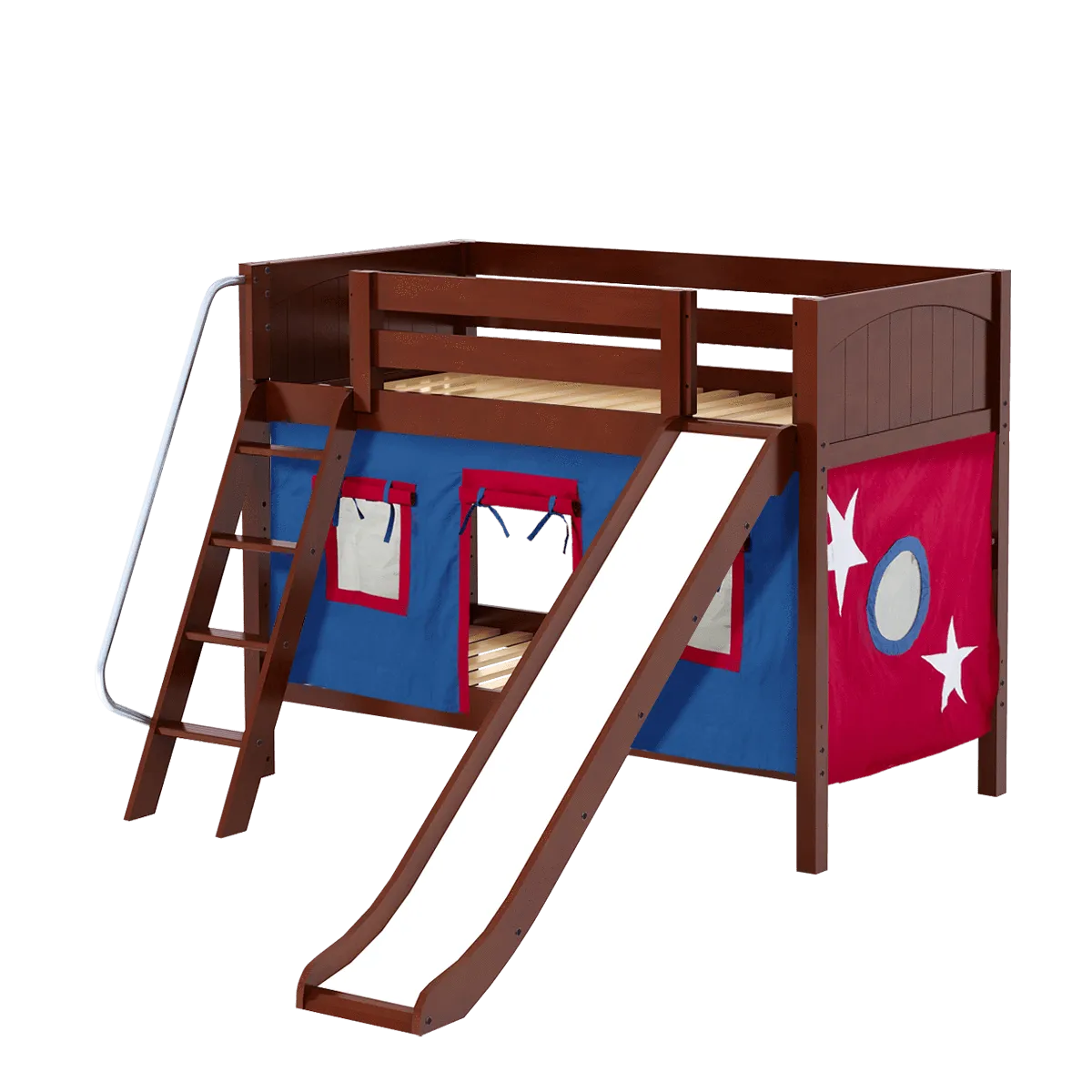 Maxtrix Twin Low Bunk Bed with Angled Ladder, Curtain   Slide