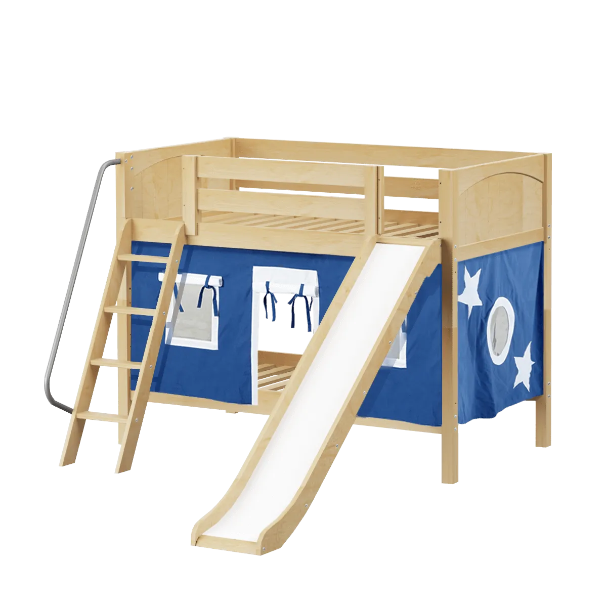 Maxtrix Twin Low Bunk Bed with Angled Ladder, Curtain   Slide