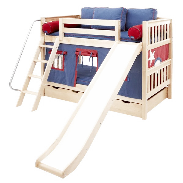 Maxtrix Twin Low Bunk Bed with Angled Ladder, Curtain   Slide