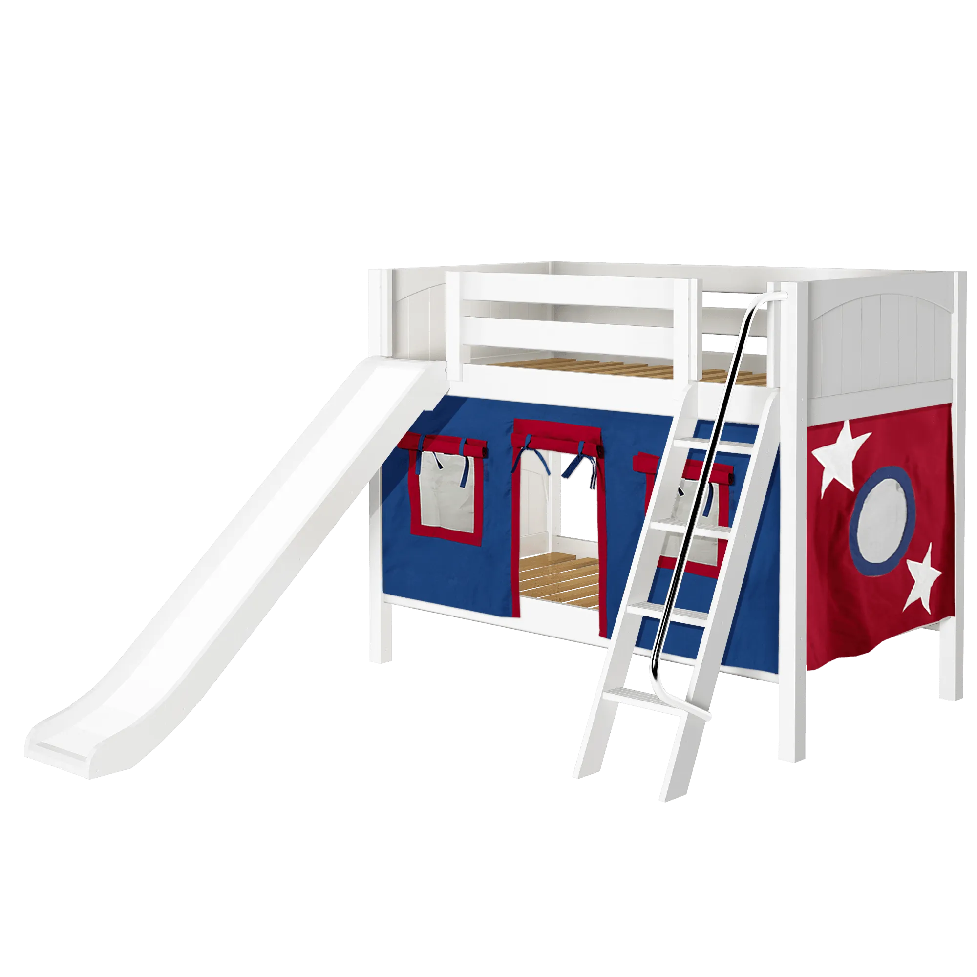 Maxtrix Twin Low Bunk Bed with Angled Ladder, Curtain   Slide