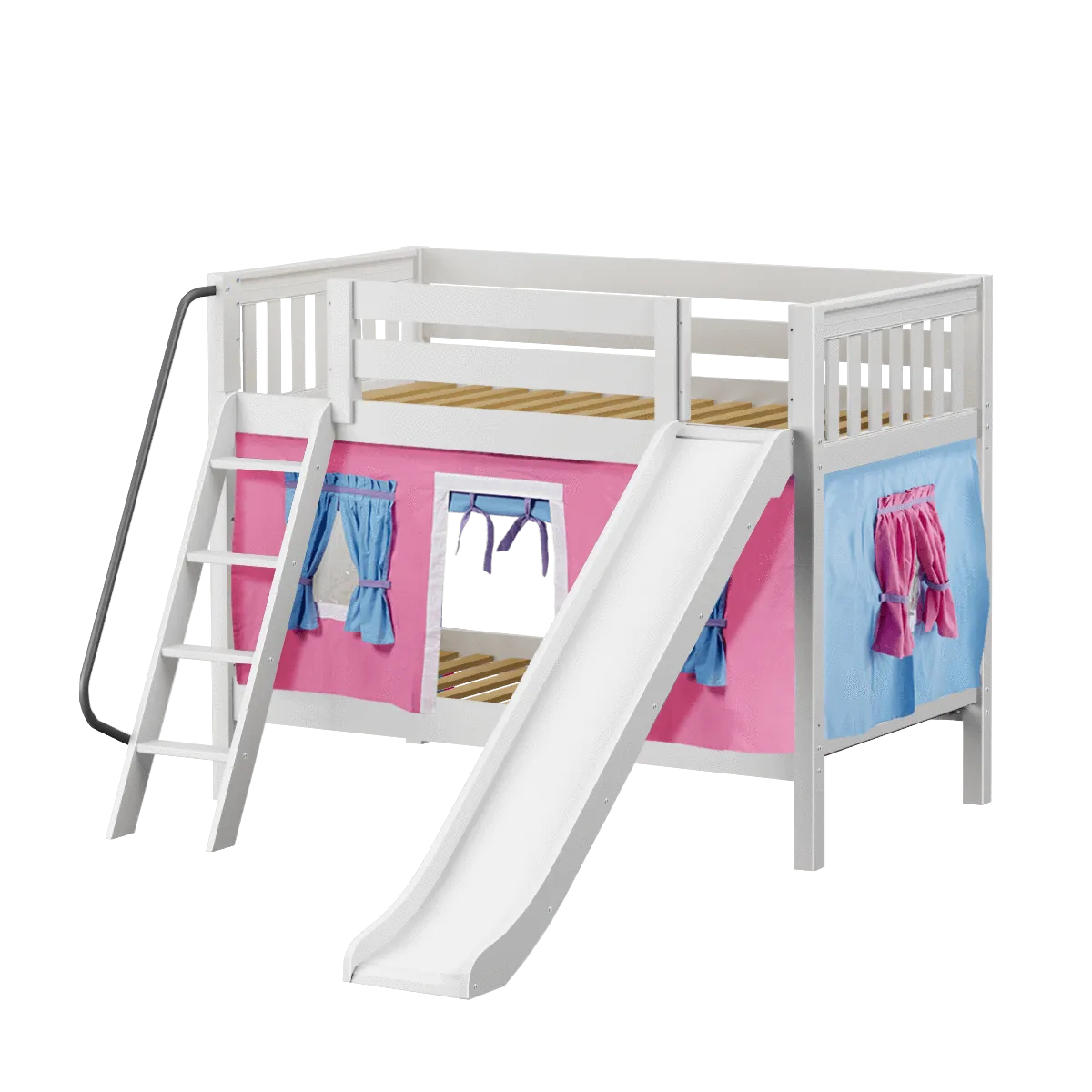 Maxtrix Twin Low Bunk Bed with Angled Ladder, Curtain   Slide