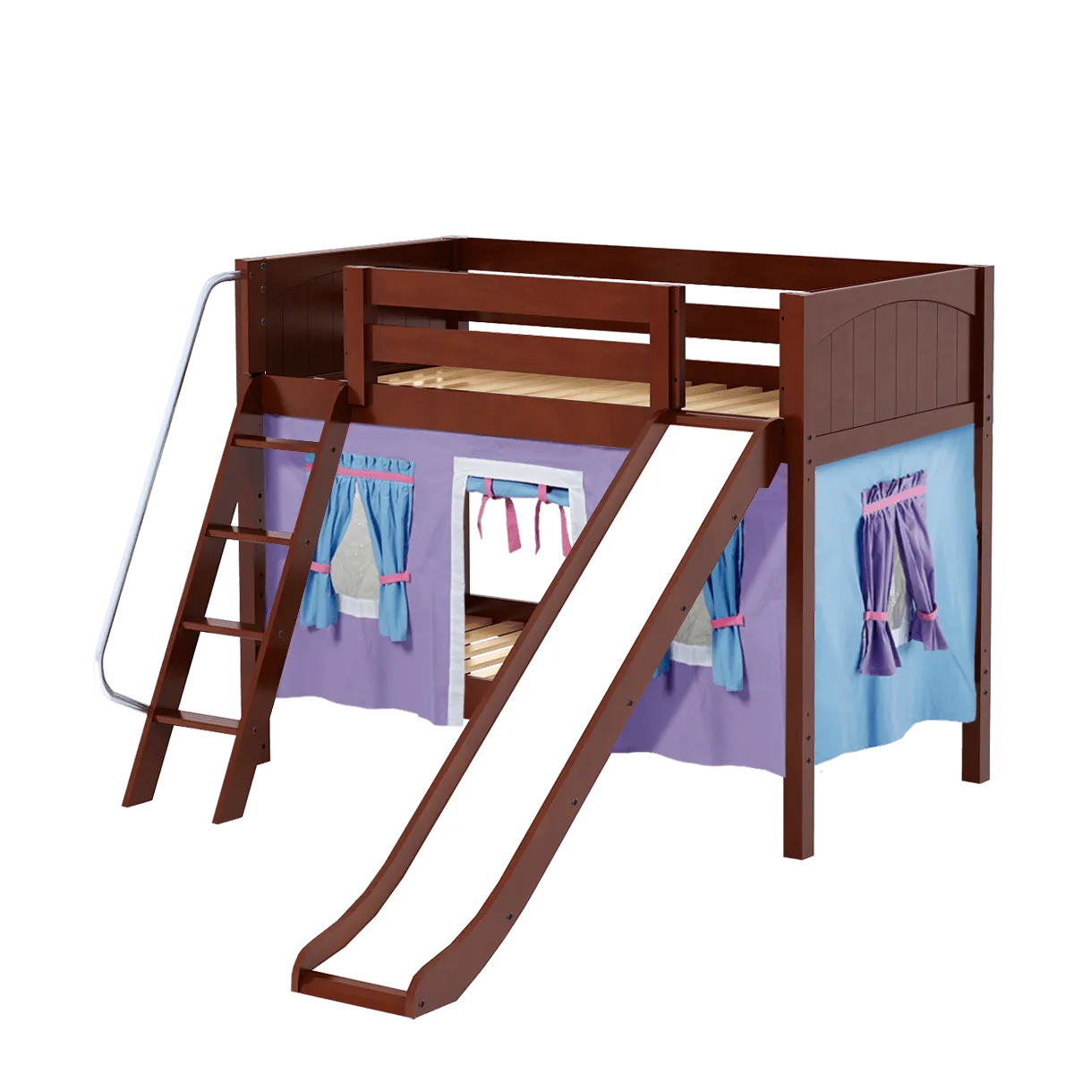 Maxtrix Twin Low Bunk Bed with Angled Ladder, Curtain   Slide