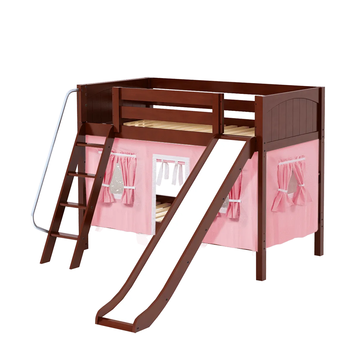 Maxtrix Twin Low Bunk Bed with Angled Ladder, Curtain   Slide