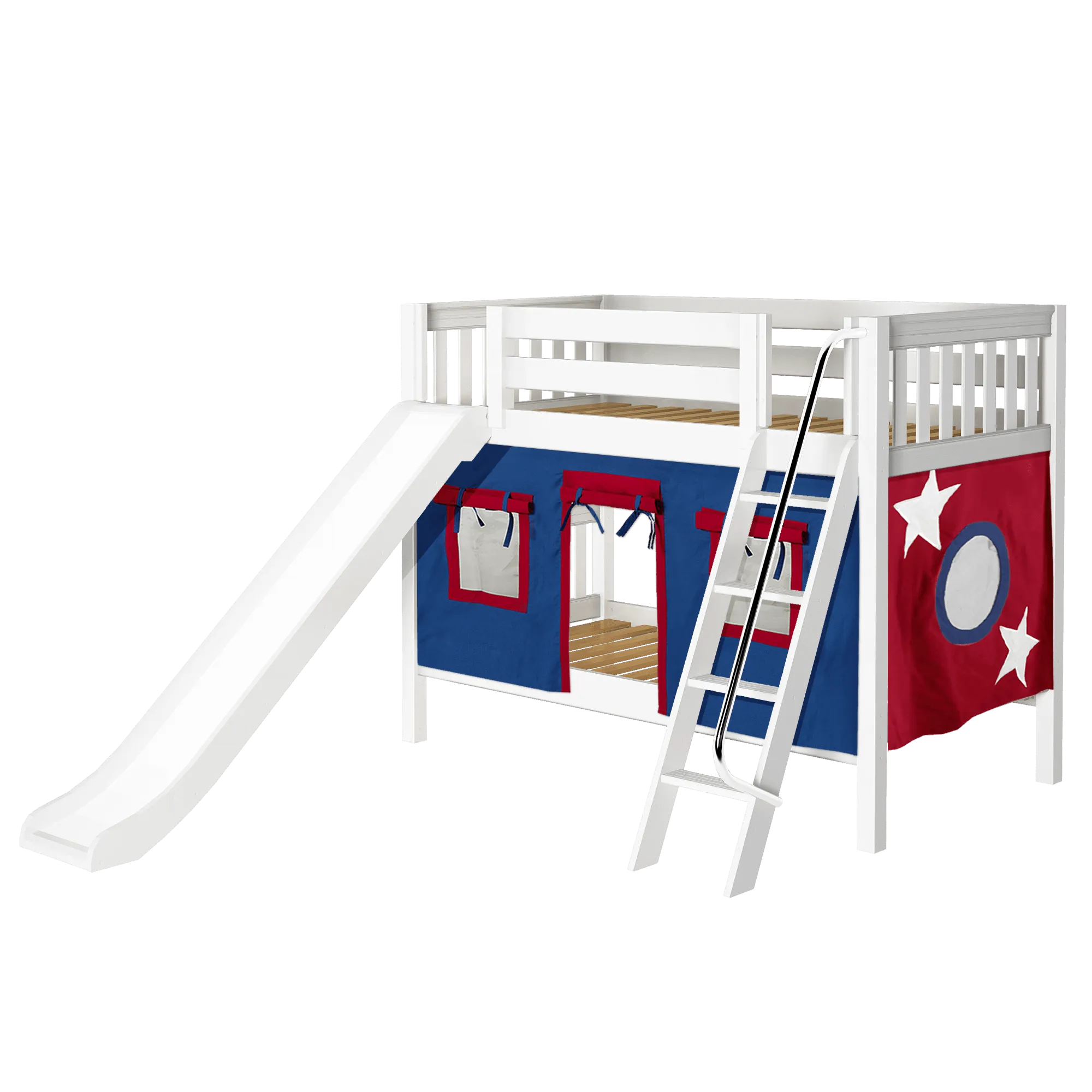 Maxtrix Twin Low Bunk Bed with Angled Ladder, Curtain   Slide
