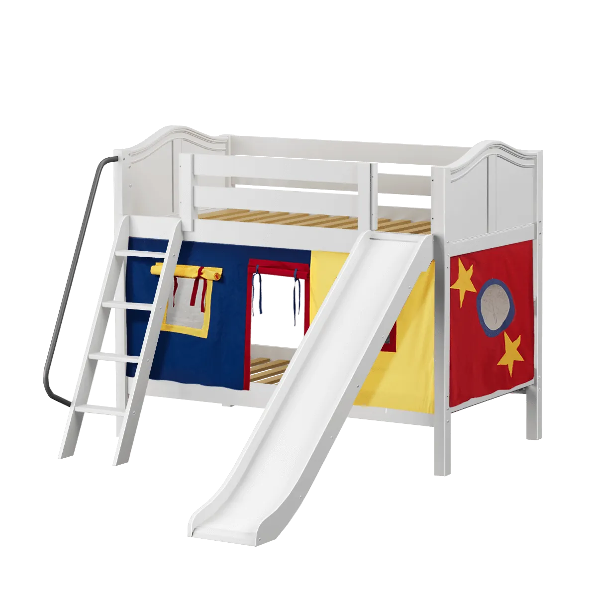 Maxtrix Twin Low Bunk Bed with Angled Ladder, Curtain   Slide