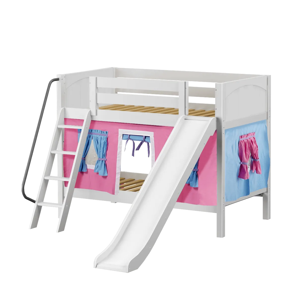 Maxtrix Twin Low Bunk Bed with Angled Ladder, Curtain   Slide
