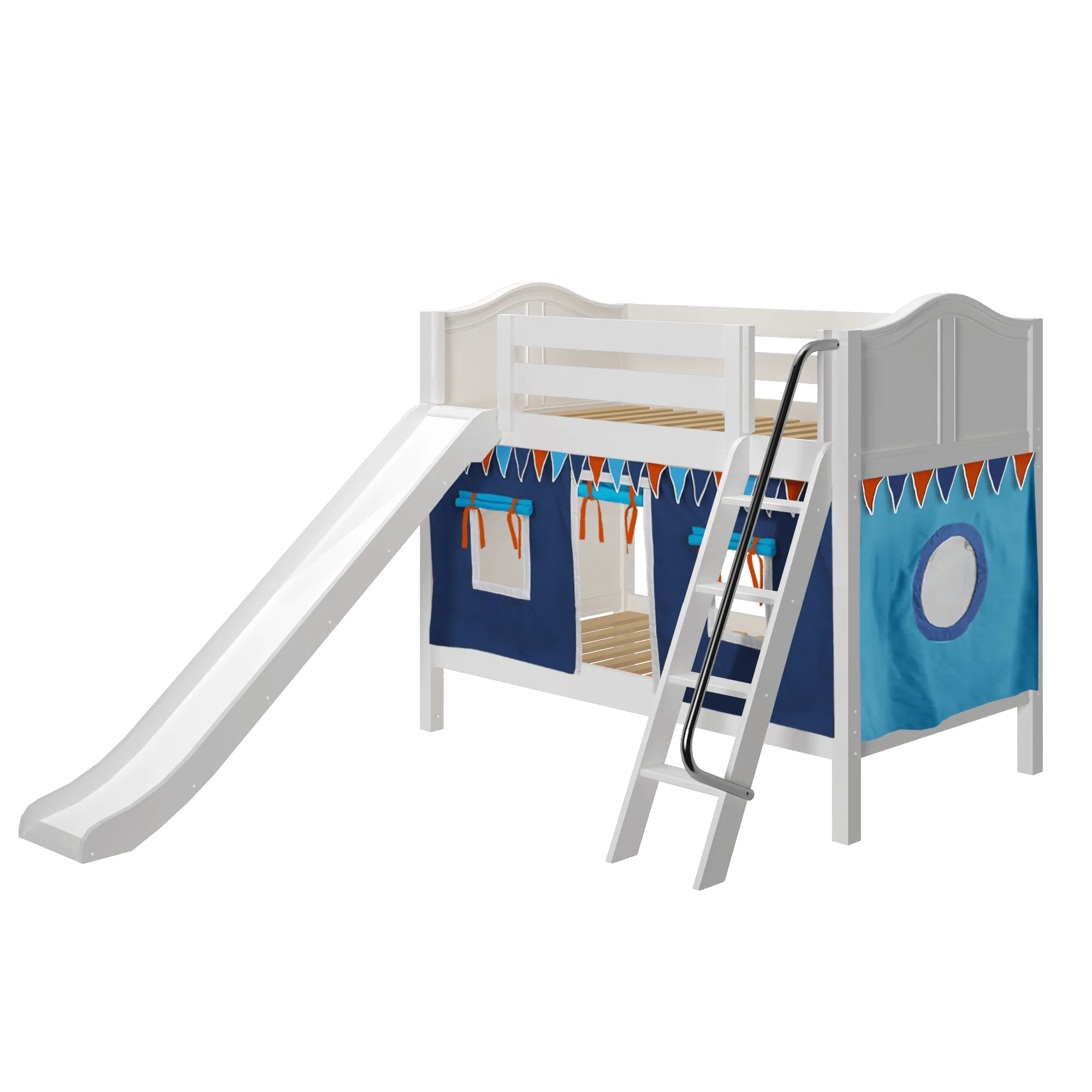 Maxtrix Twin Low Bunk Bed with Angled Ladder, Curtain   Slide