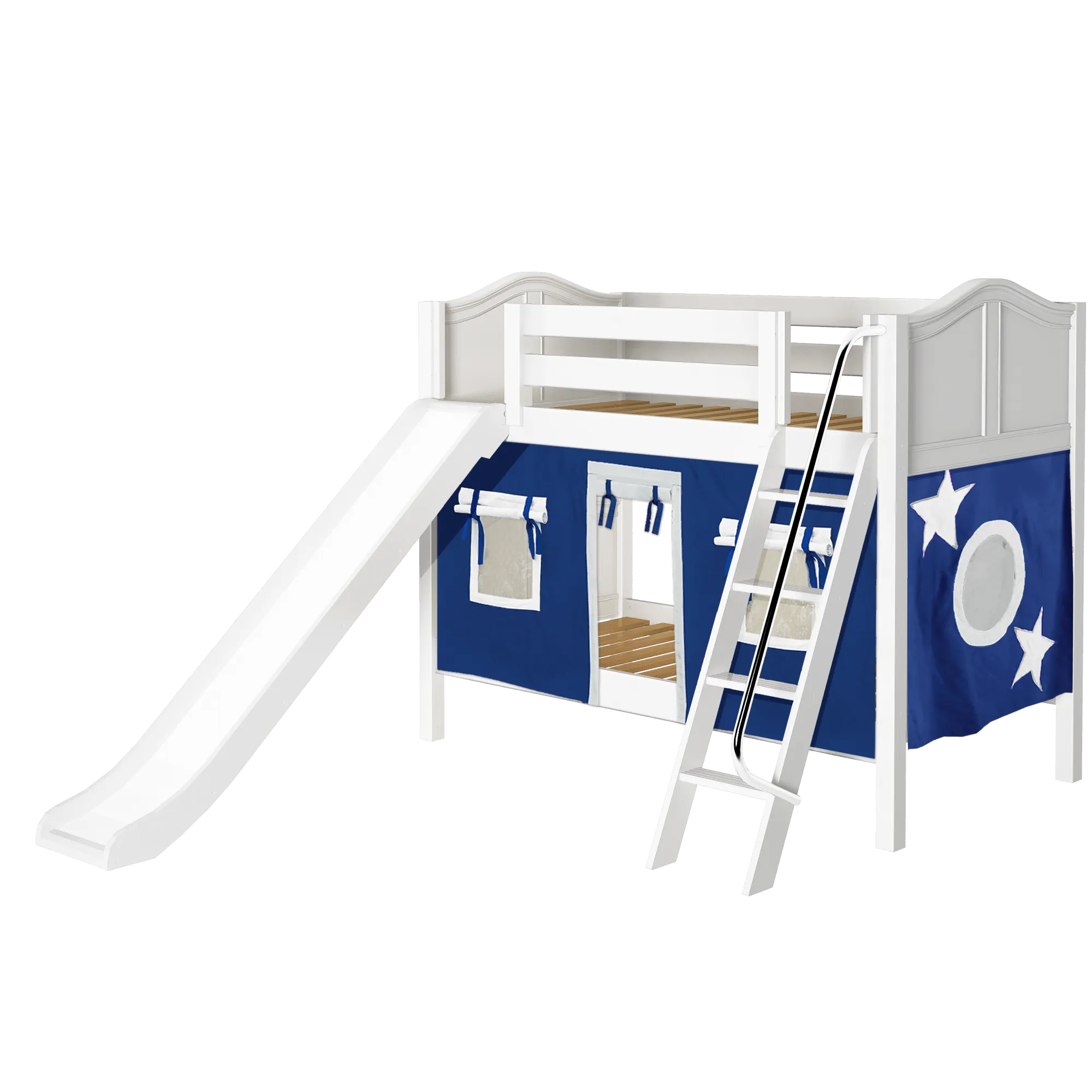 Maxtrix Twin Low Bunk Bed with Angled Ladder, Curtain   Slide