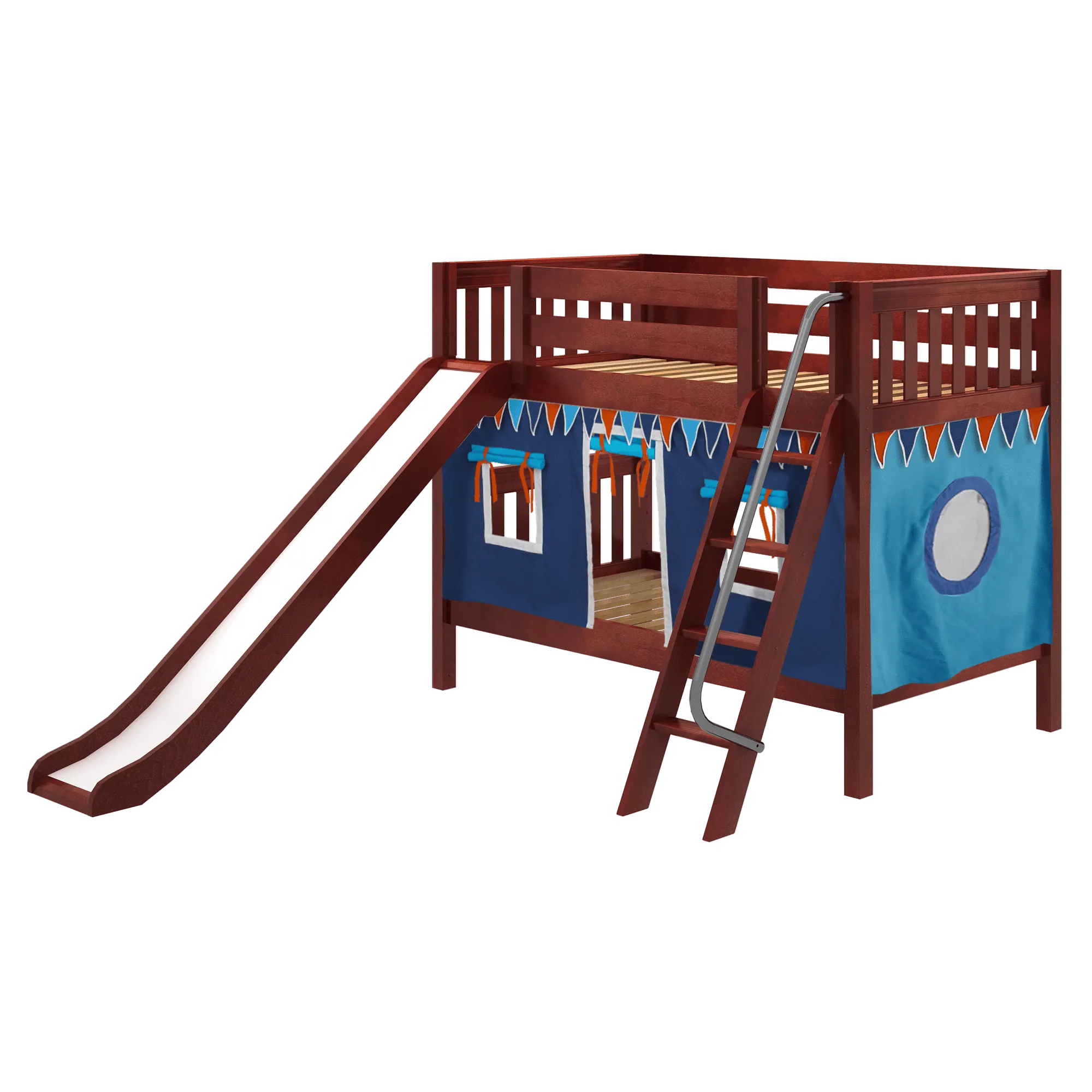Maxtrix Twin Low Bunk Bed with Angled Ladder, Curtain   Slide