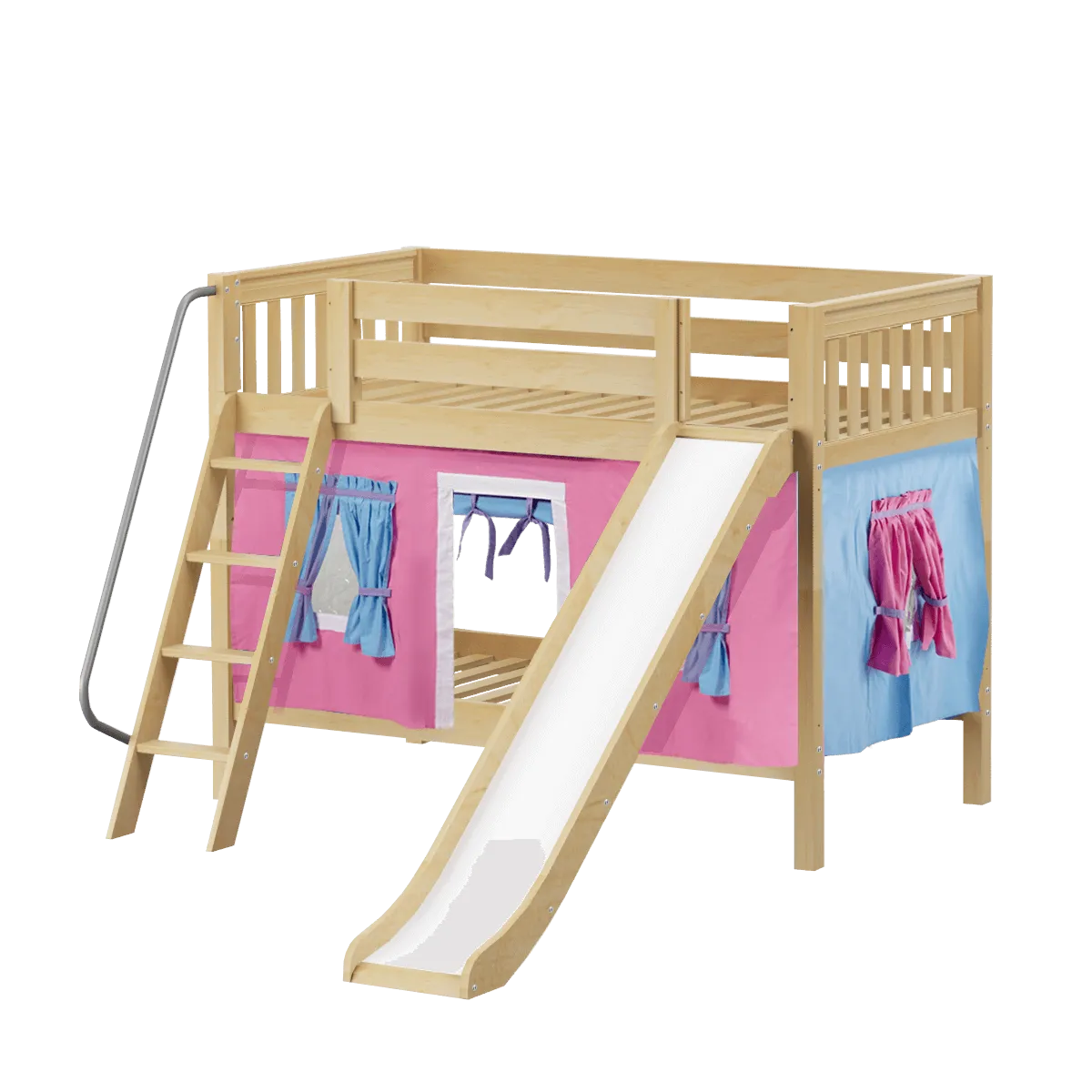 Maxtrix Twin Low Bunk Bed with Angled Ladder, Curtain   Slide