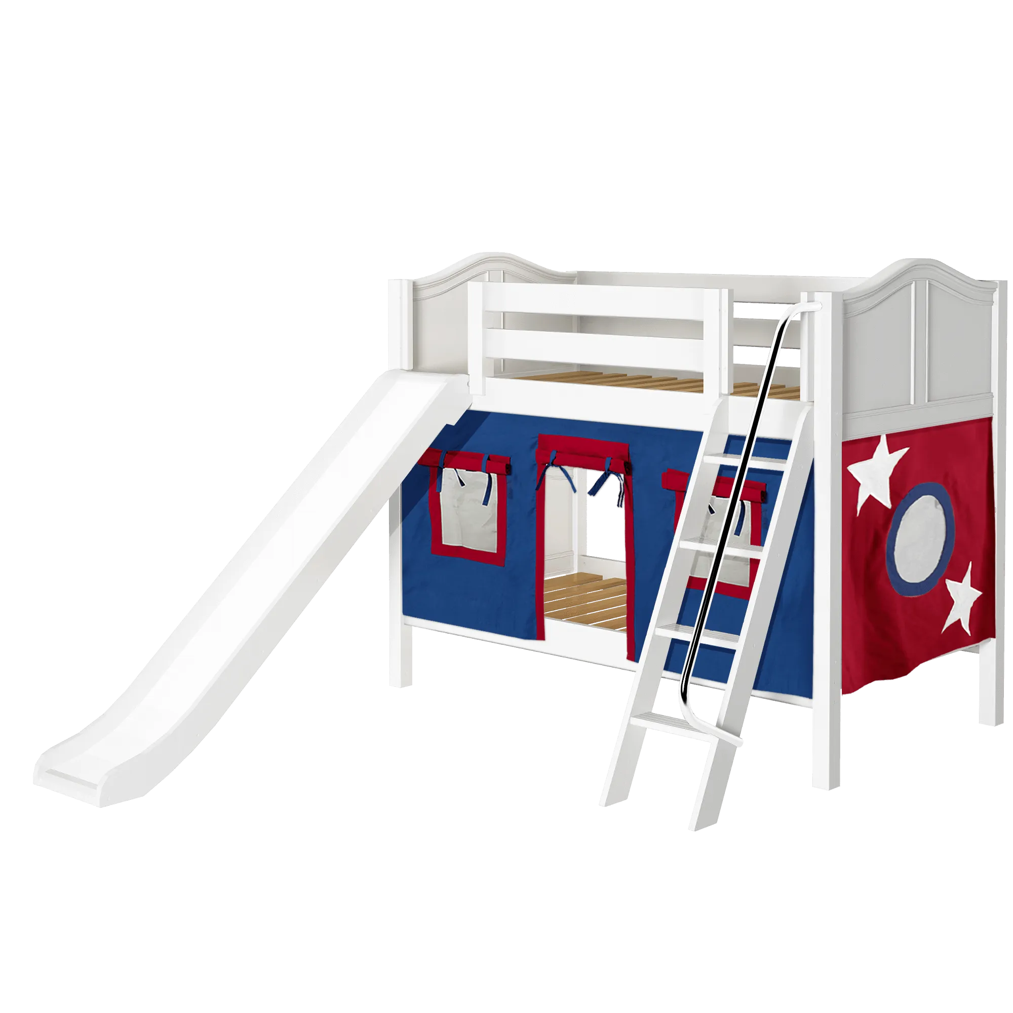 Maxtrix Twin Low Bunk Bed with Angled Ladder, Curtain   Slide