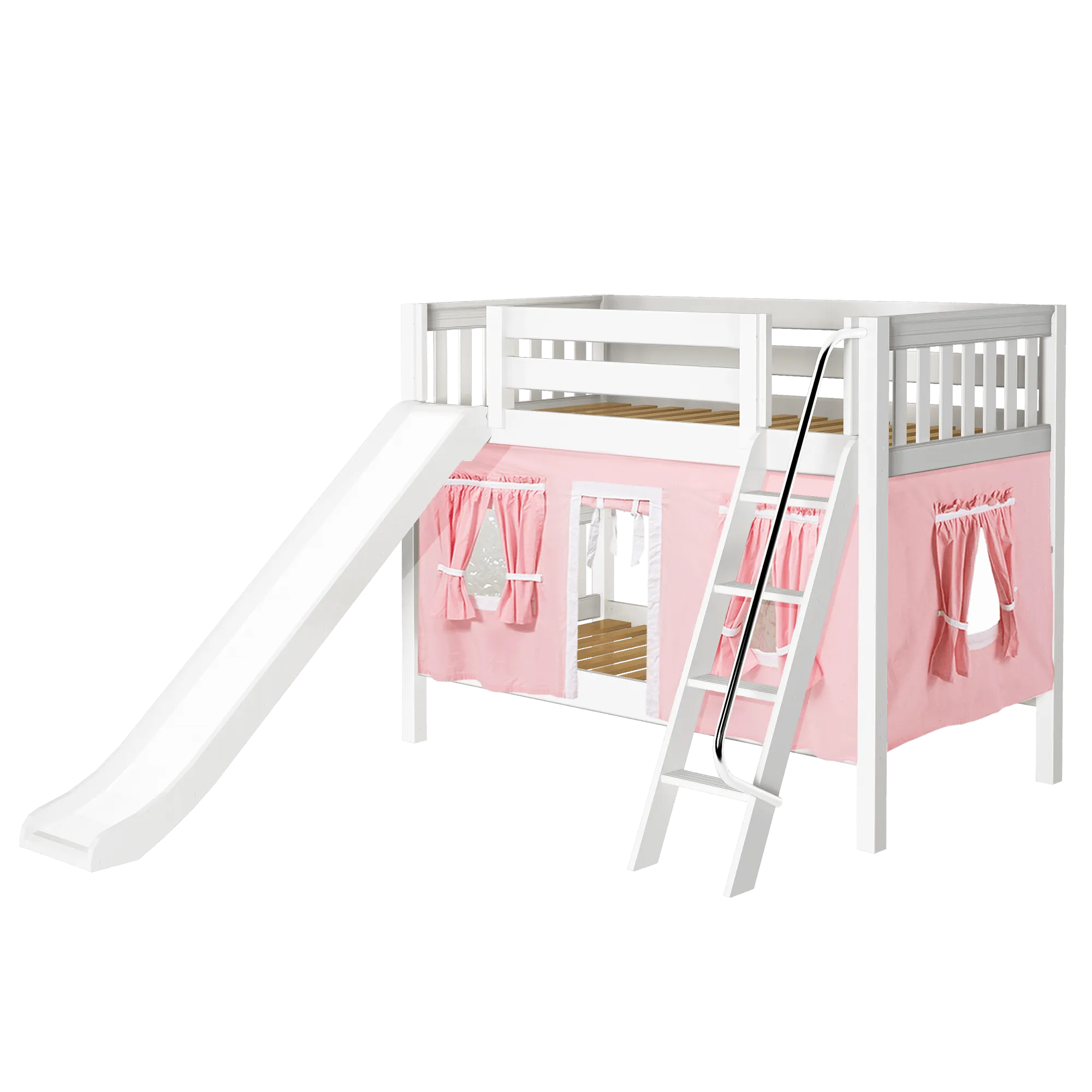 Maxtrix Twin Low Bunk Bed with Angled Ladder, Curtain   Slide