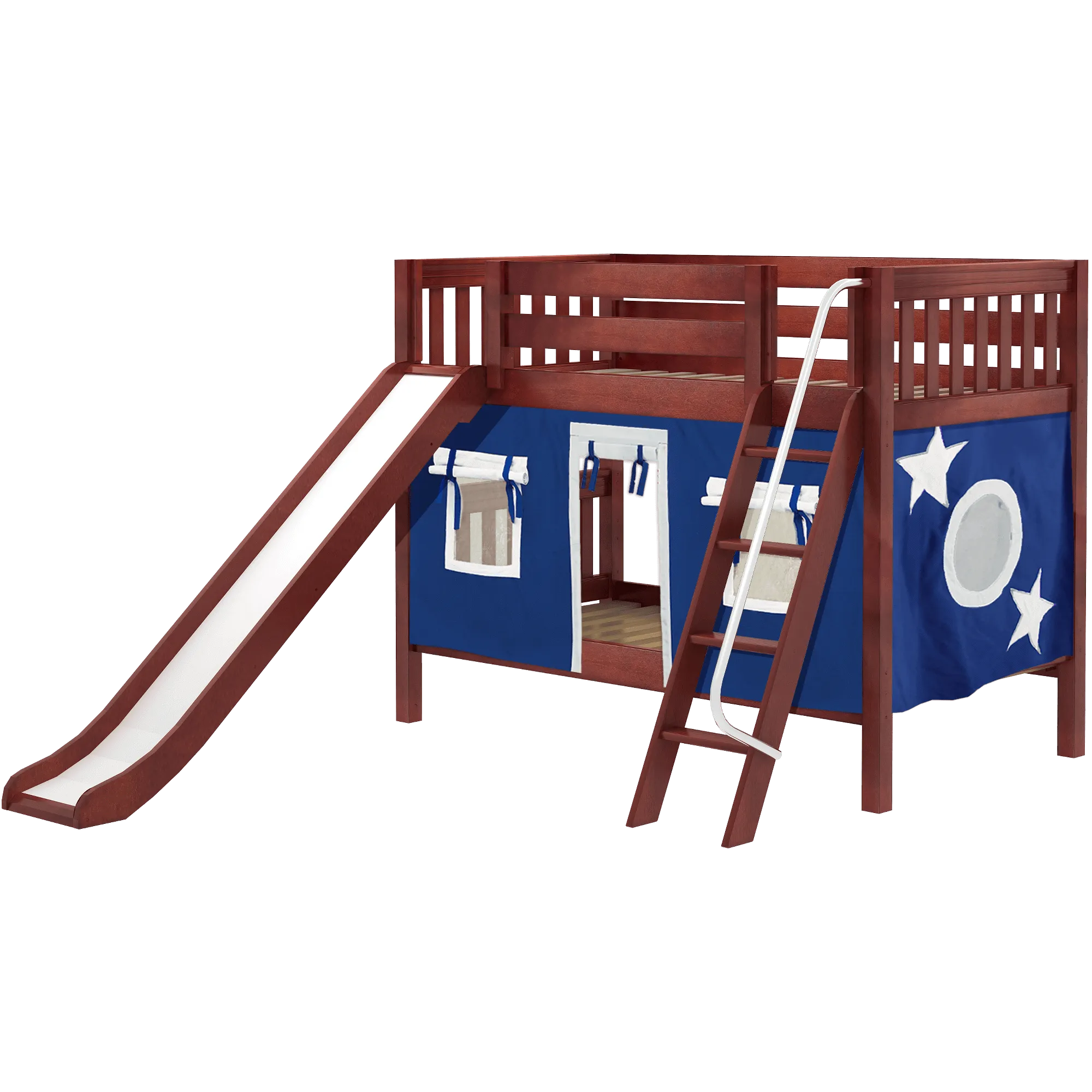 Maxtrix Twin Low Bunk Bed with Angled Ladder, Curtain   Slide