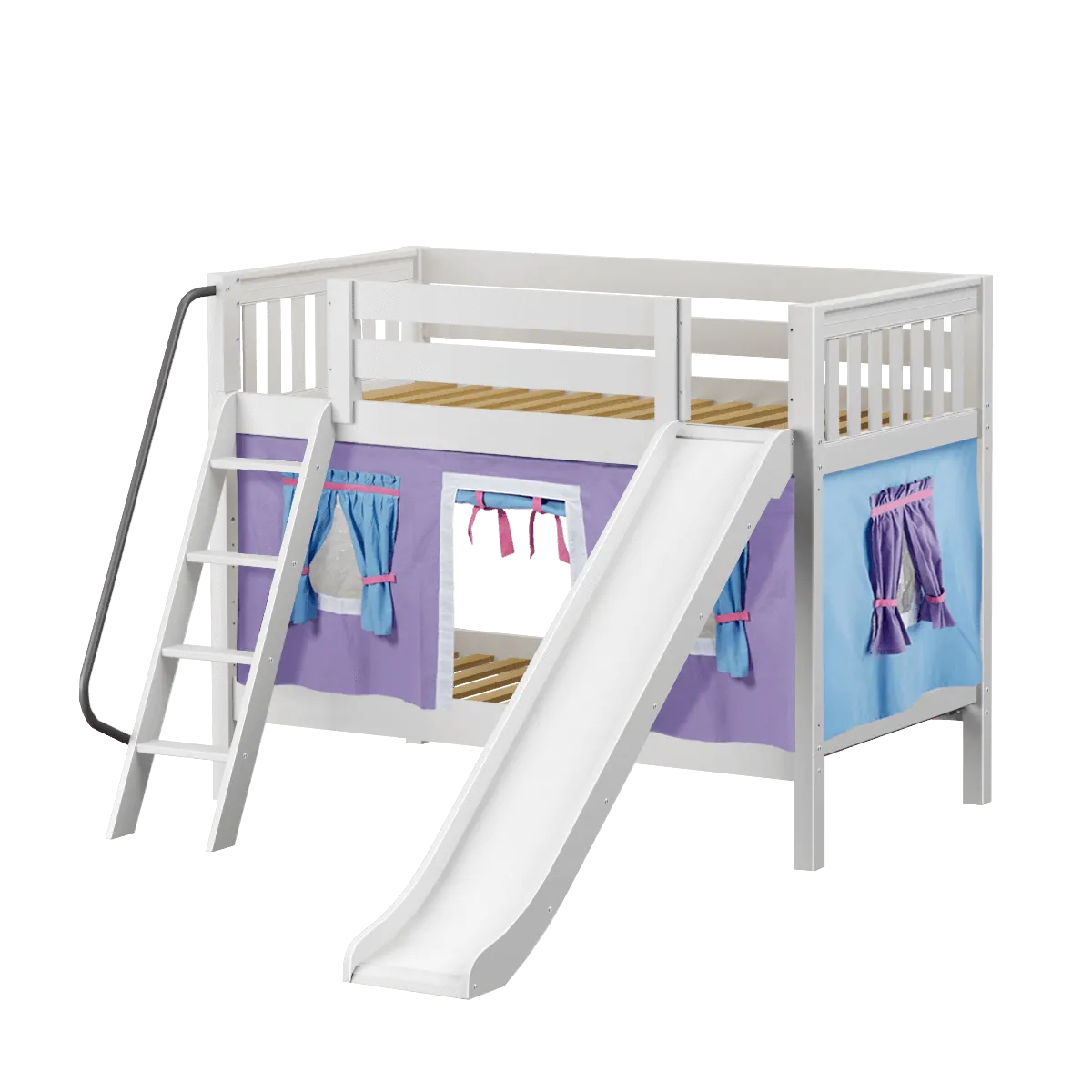Maxtrix Twin Low Bunk Bed with Angled Ladder, Curtain   Slide