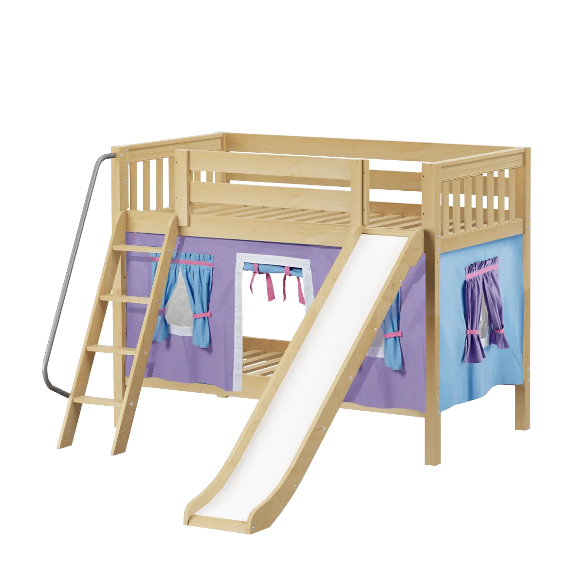 Maxtrix Twin Low Bunk Bed with Angled Ladder, Curtain   Slide