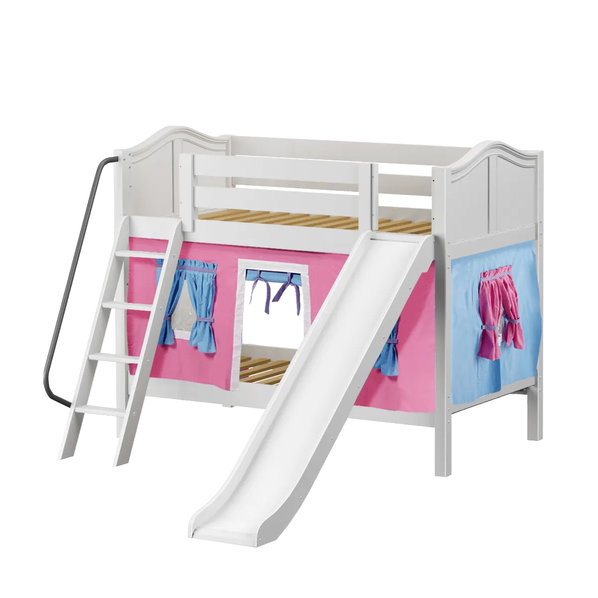 Maxtrix Twin Low Bunk Bed with Angled Ladder, Curtain   Slide