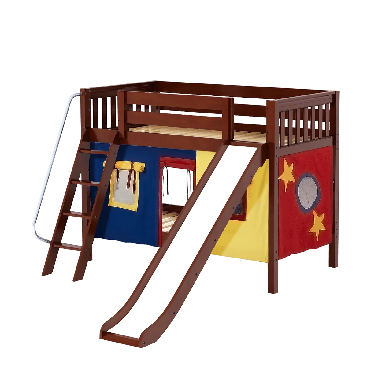 Maxtrix Twin Low Bunk Bed with Angled Ladder, Curtain   Slide