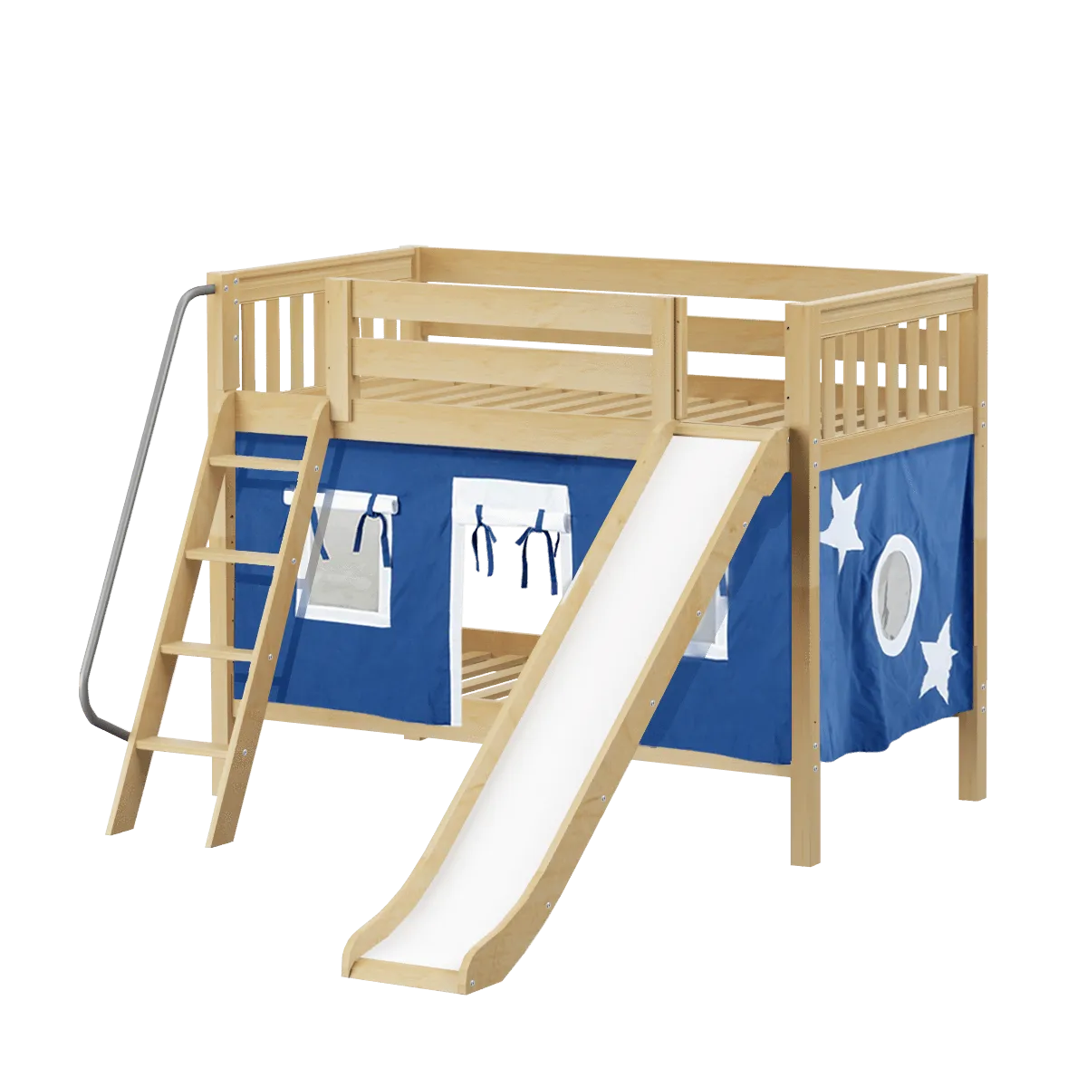 Maxtrix Twin Low Bunk Bed with Angled Ladder, Curtain   Slide