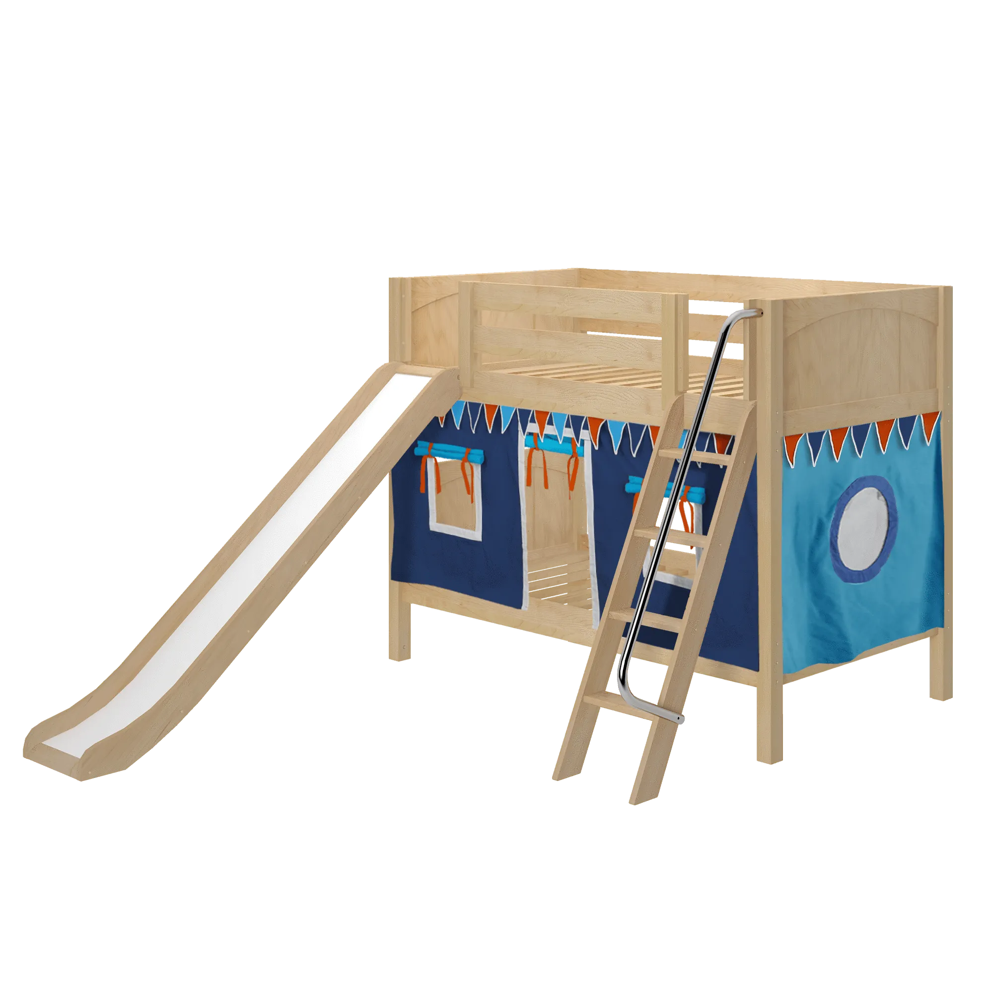 Maxtrix Twin Low Bunk Bed with Angled Ladder, Curtain   Slide
