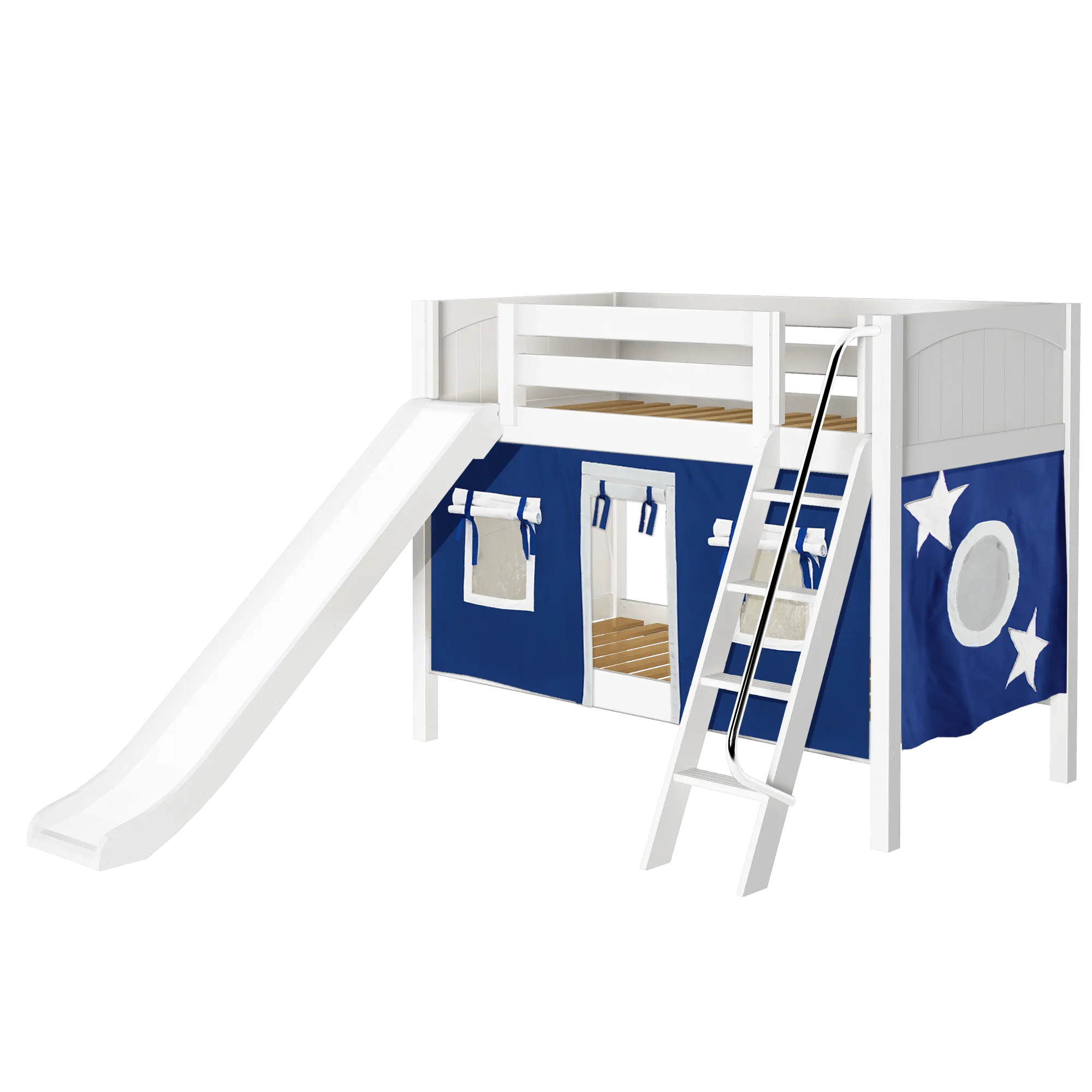 Maxtrix Twin Low Bunk Bed with Angled Ladder, Curtain   Slide
