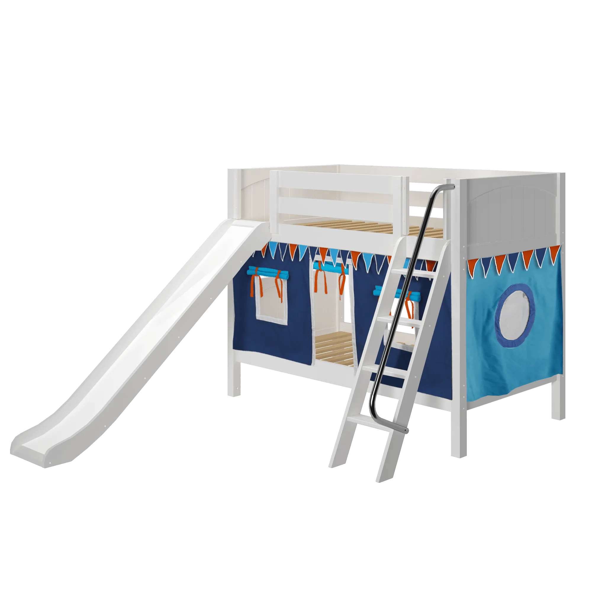Maxtrix Twin Low Bunk Bed with Angled Ladder, Curtain   Slide