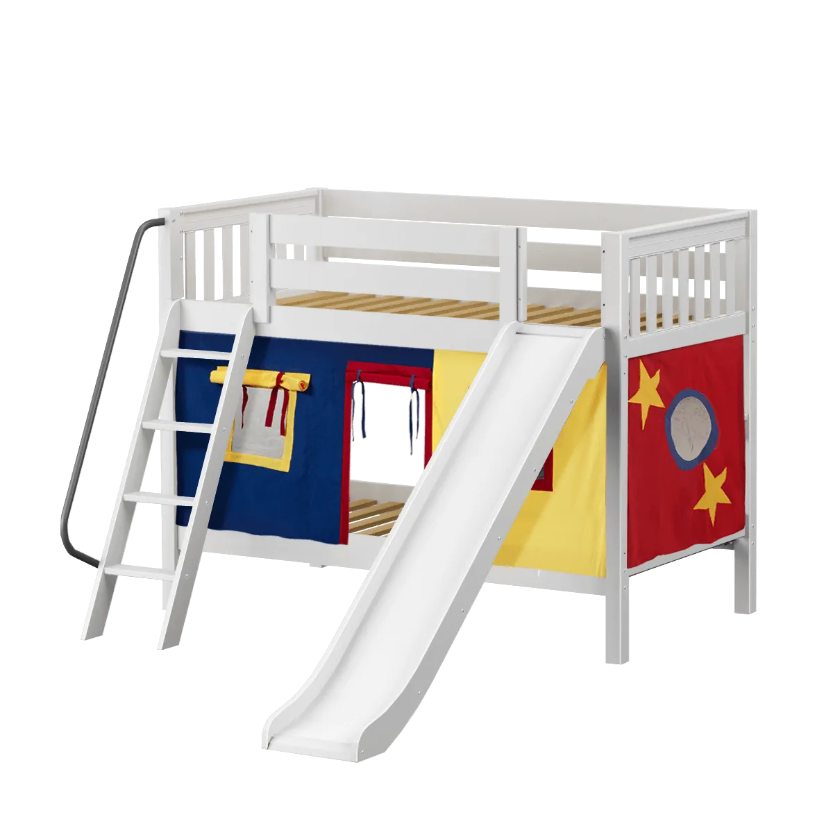 Maxtrix Twin Low Bunk Bed with Angled Ladder, Curtain   Slide