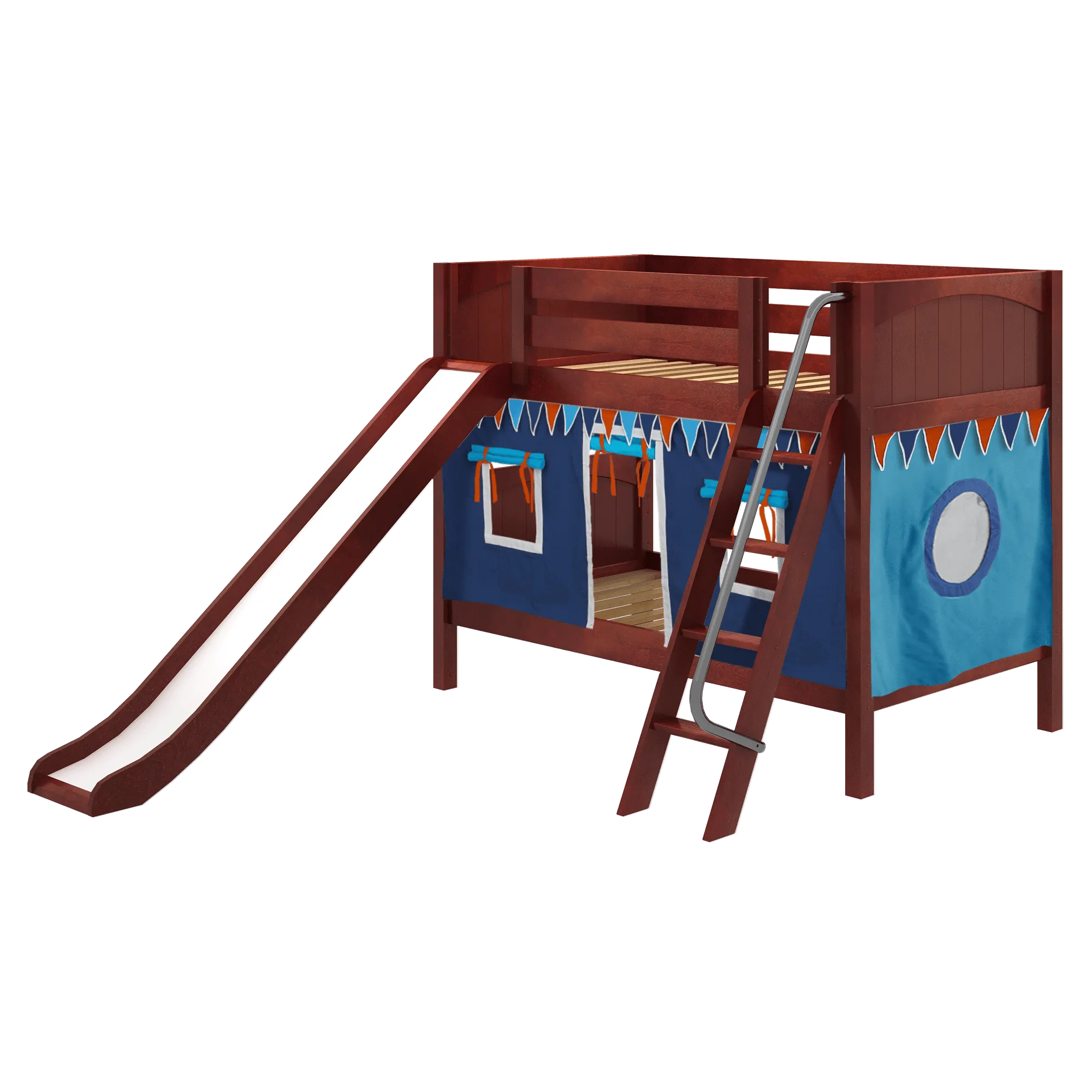 Maxtrix Twin Low Bunk Bed with Angled Ladder, Curtain   Slide