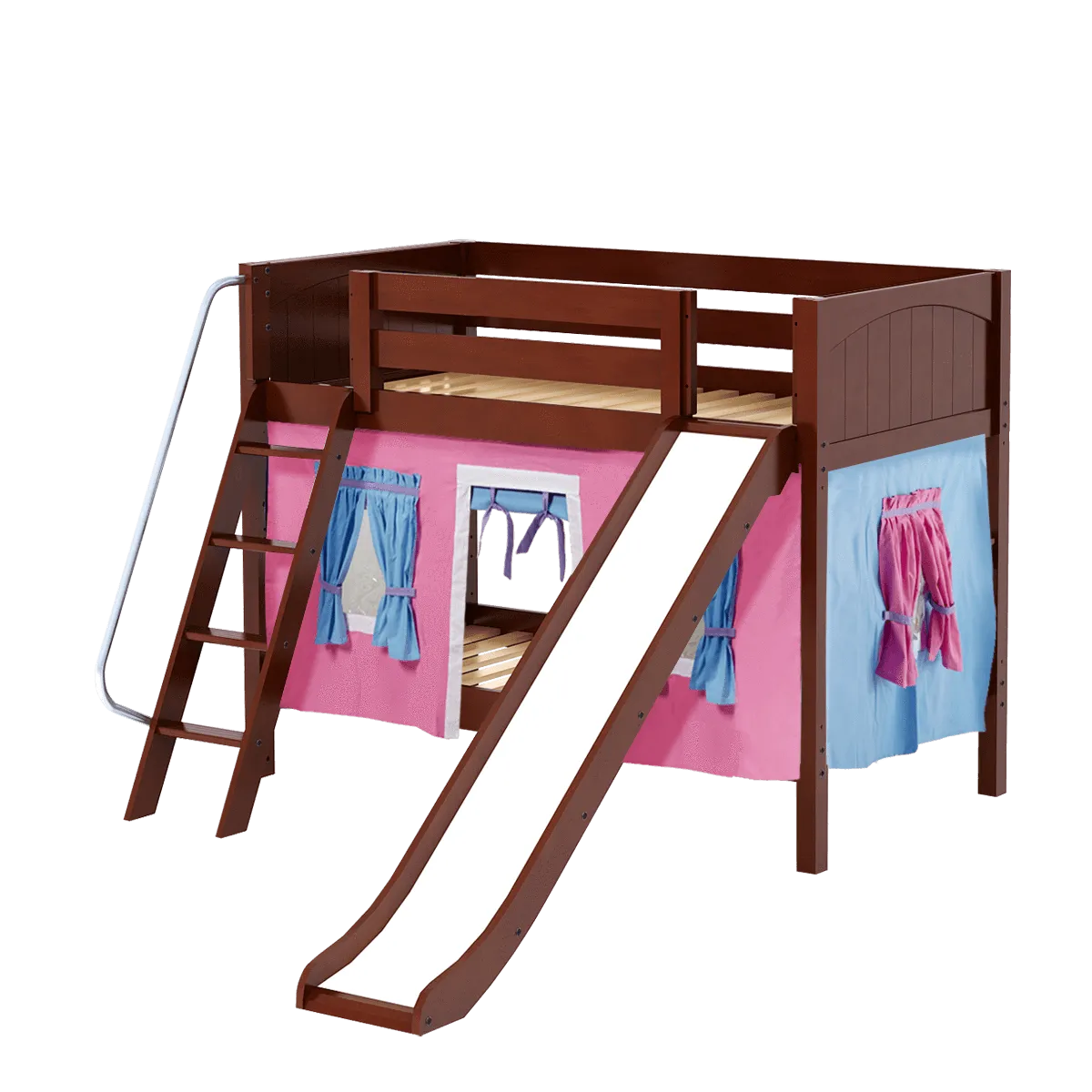 Maxtrix Twin Low Bunk Bed with Angled Ladder, Curtain   Slide