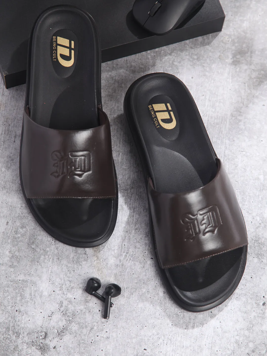 Men's Brown Leather Casual Slides (ID4210)