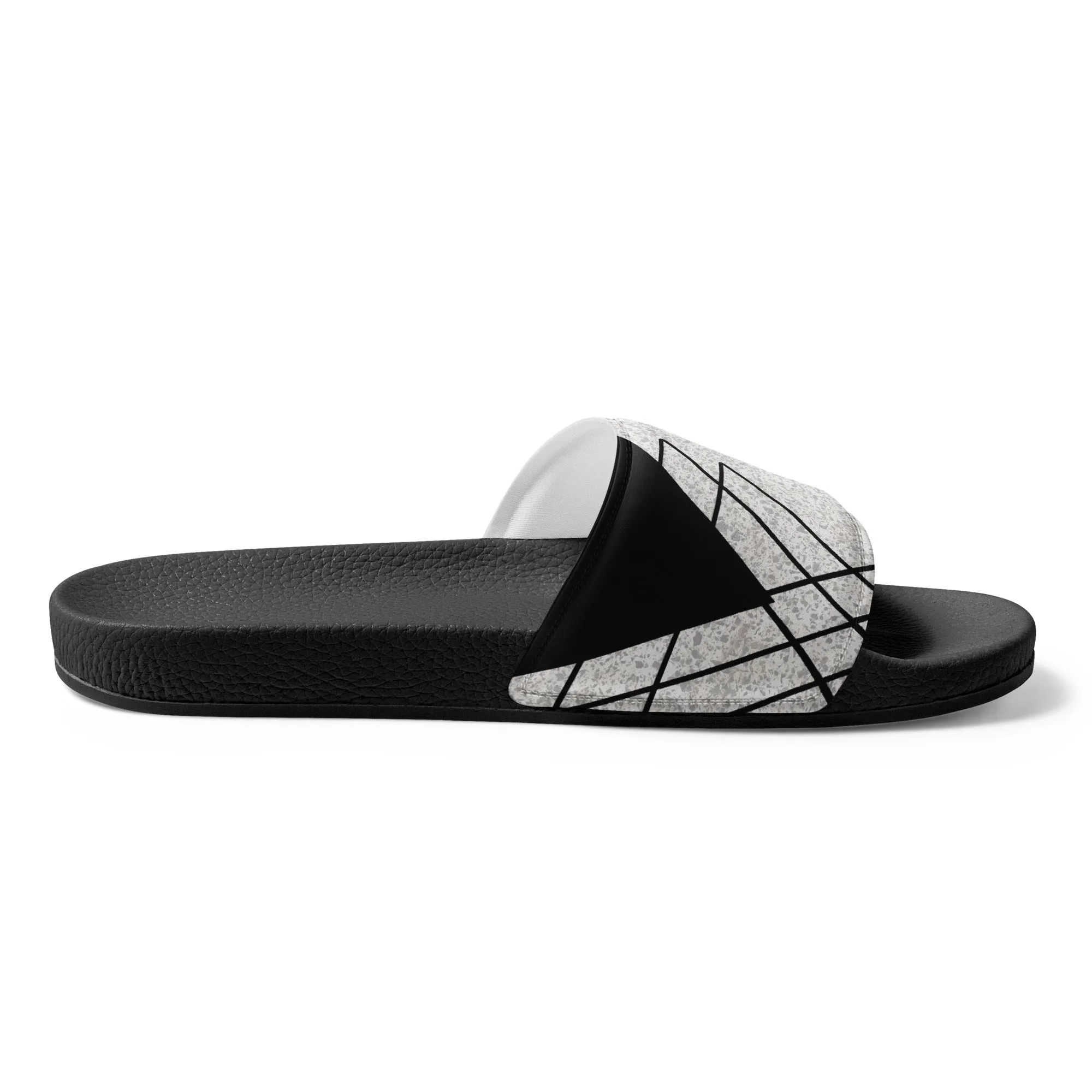 Mens Slide Sandals - Black and White Ash Grey Triangular Colorblock