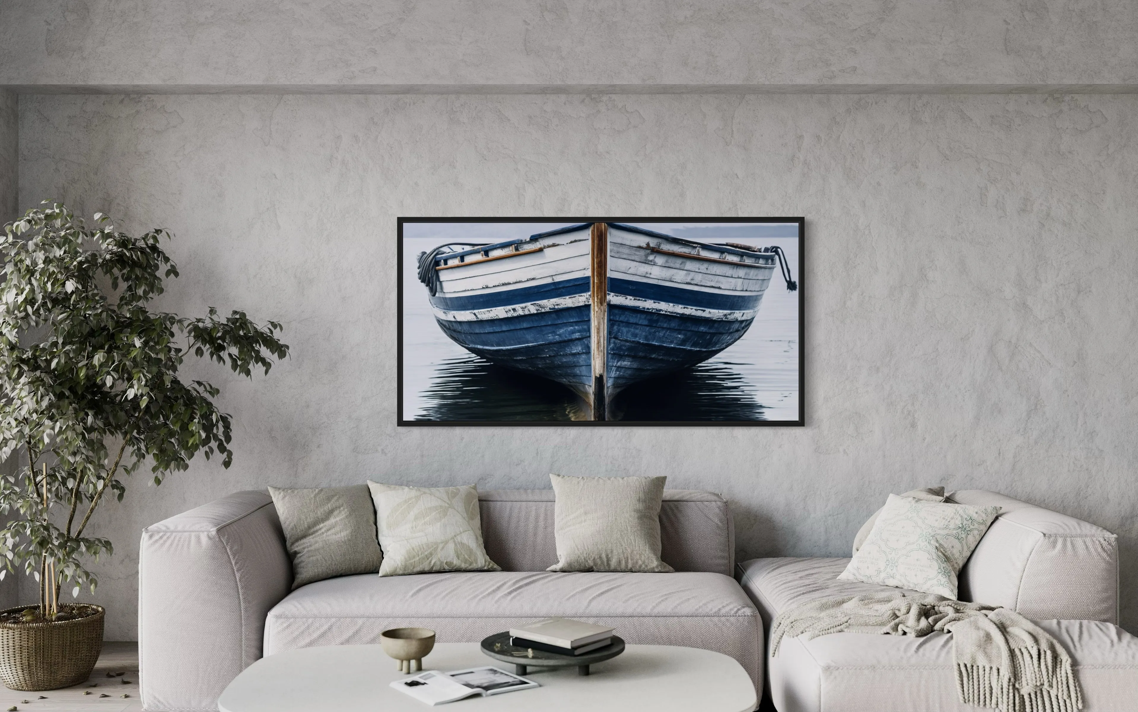 Navy Blue White Old Boat Painting Framed Canvas Wall Art