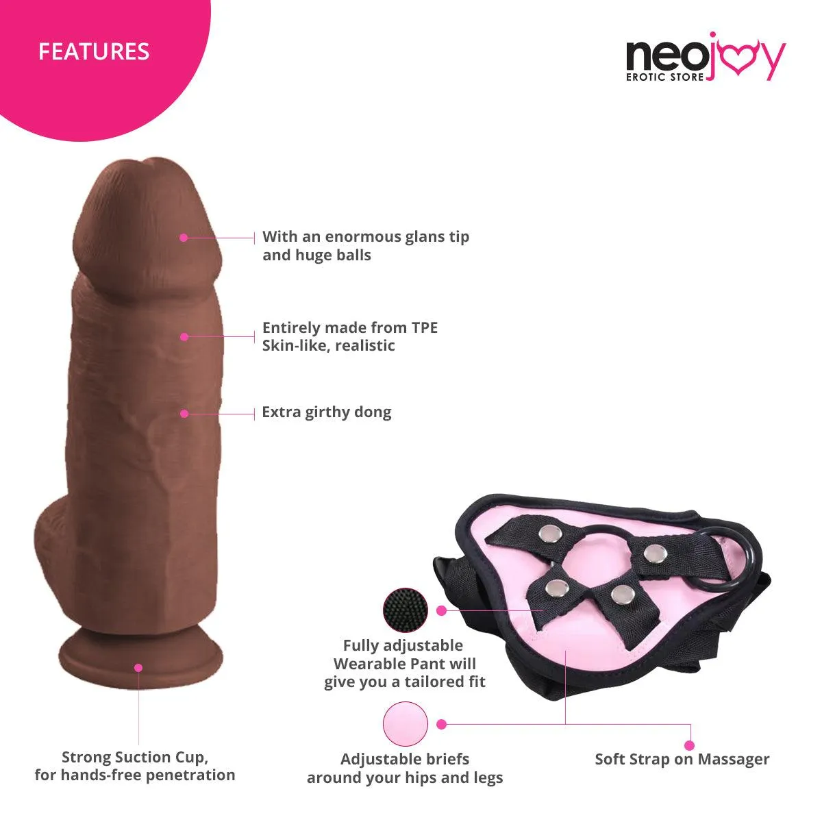 Neojoy Bigger Bad Boy Dildo With Strap-On - Dong Gay Sex Toy - Brown