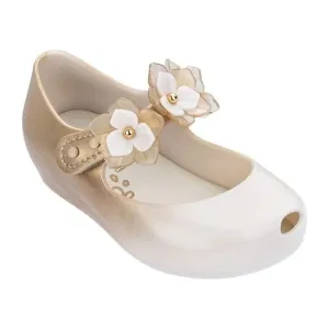 NEW mini melissa Kid Baby Ultragirl Flower II Beige Gold Floral MJ Strap Flats