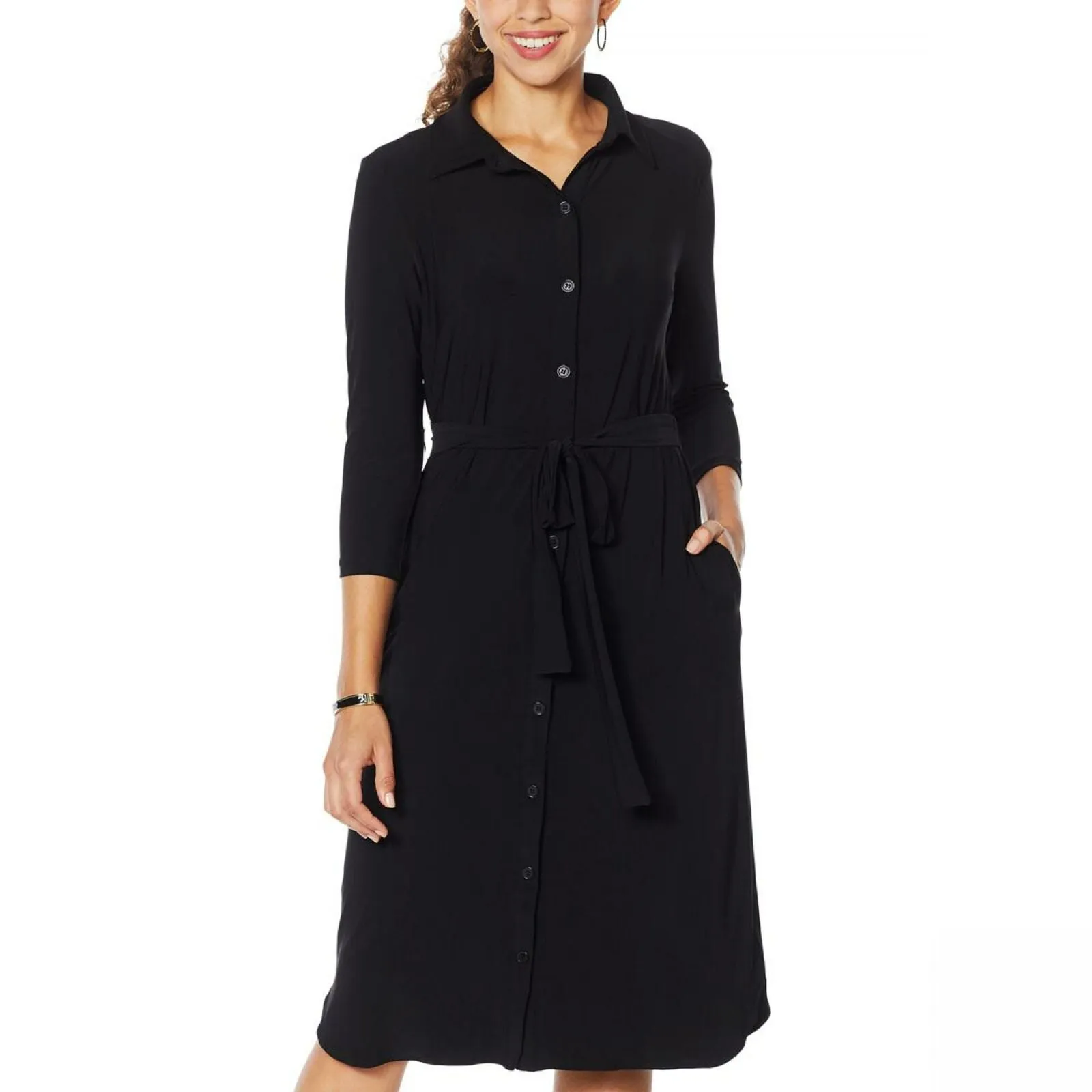 Nina Leonard 3/4-Sleeve Button Down Shirt Dress Black Small