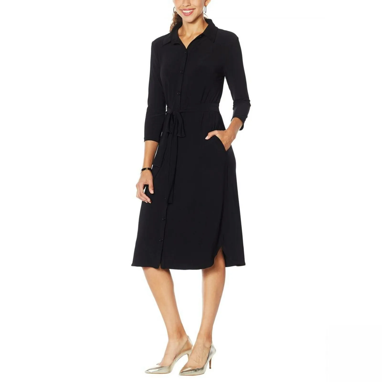 Nina Leonard 3/4-Sleeve Button Down Shirt Dress Black Small