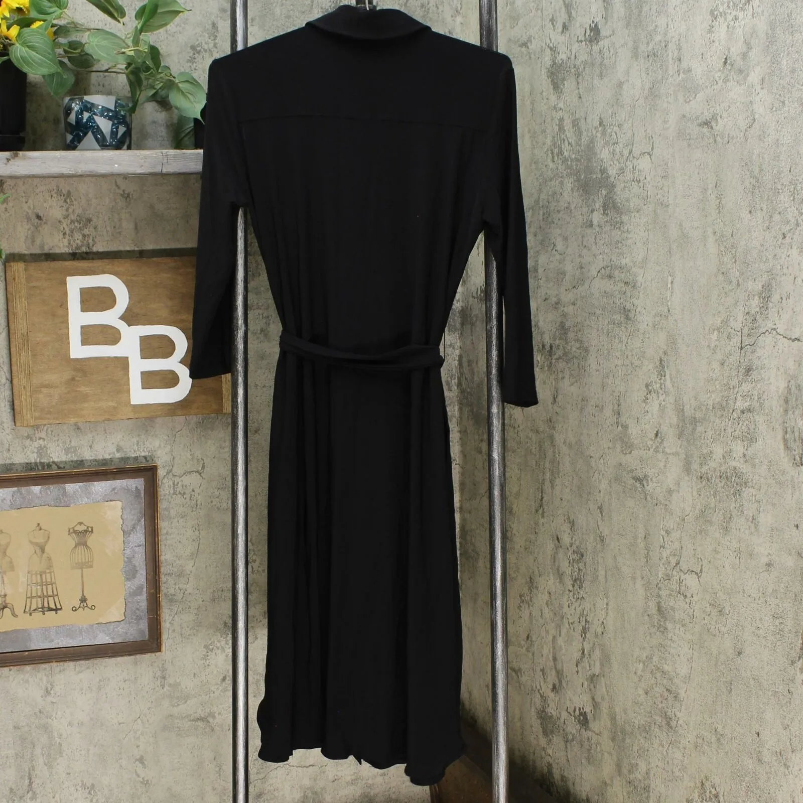Nina Leonard 3/4-Sleeve Button Down Shirt Dress Black Small