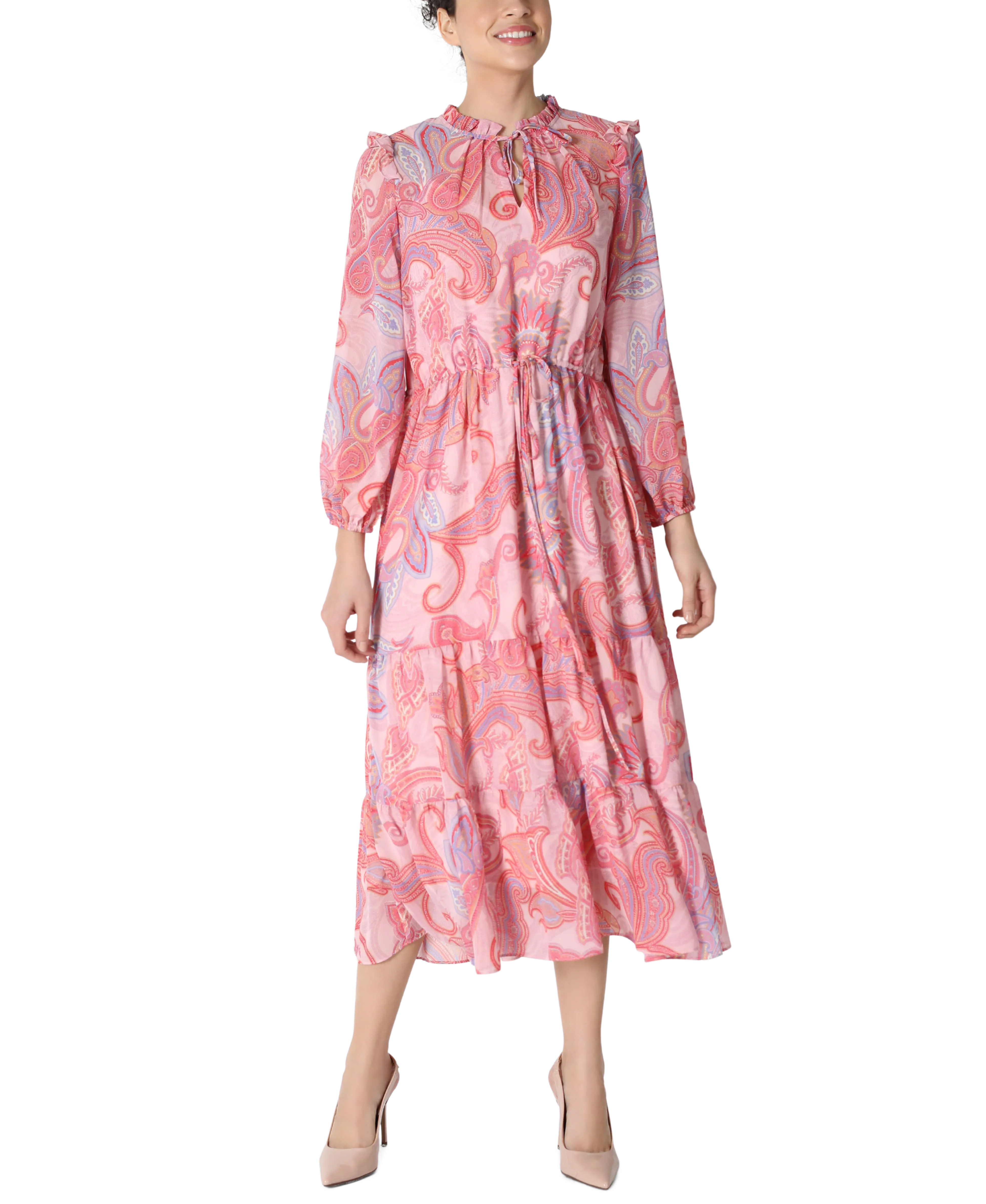 Paisley Drawstring Waist Midi Dress