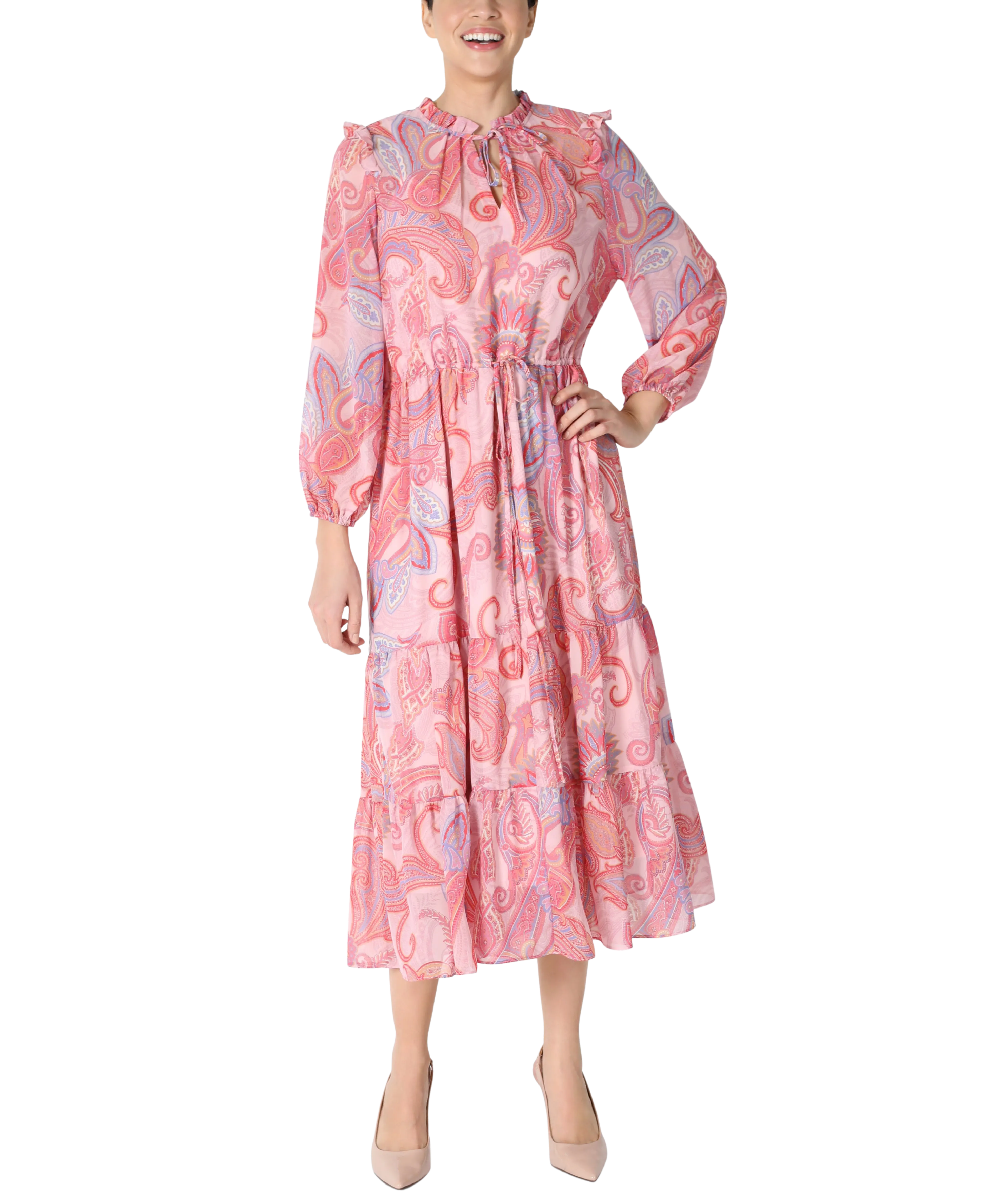 Paisley Drawstring Waist Midi Dress
