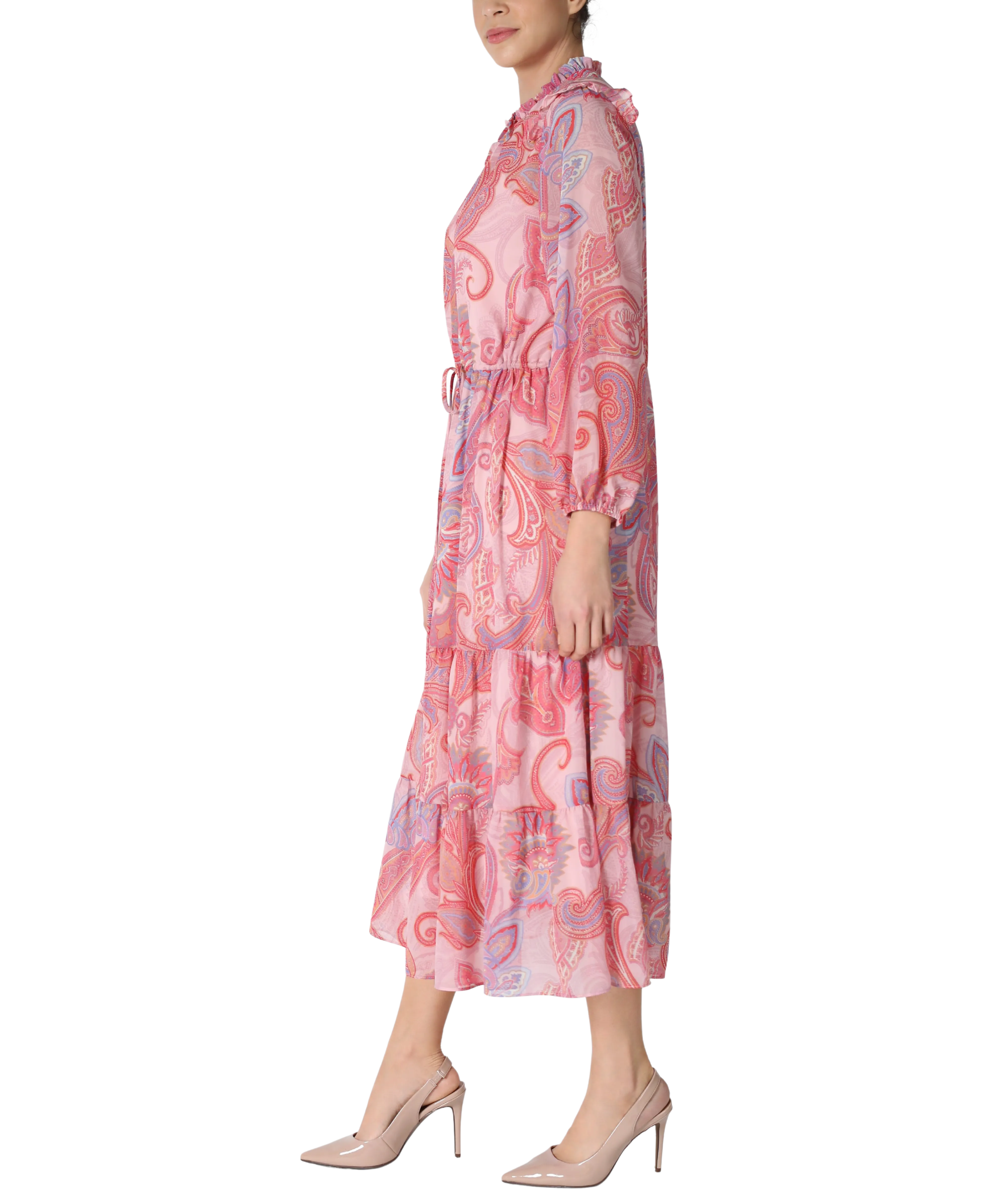 Paisley Drawstring Waist Midi Dress