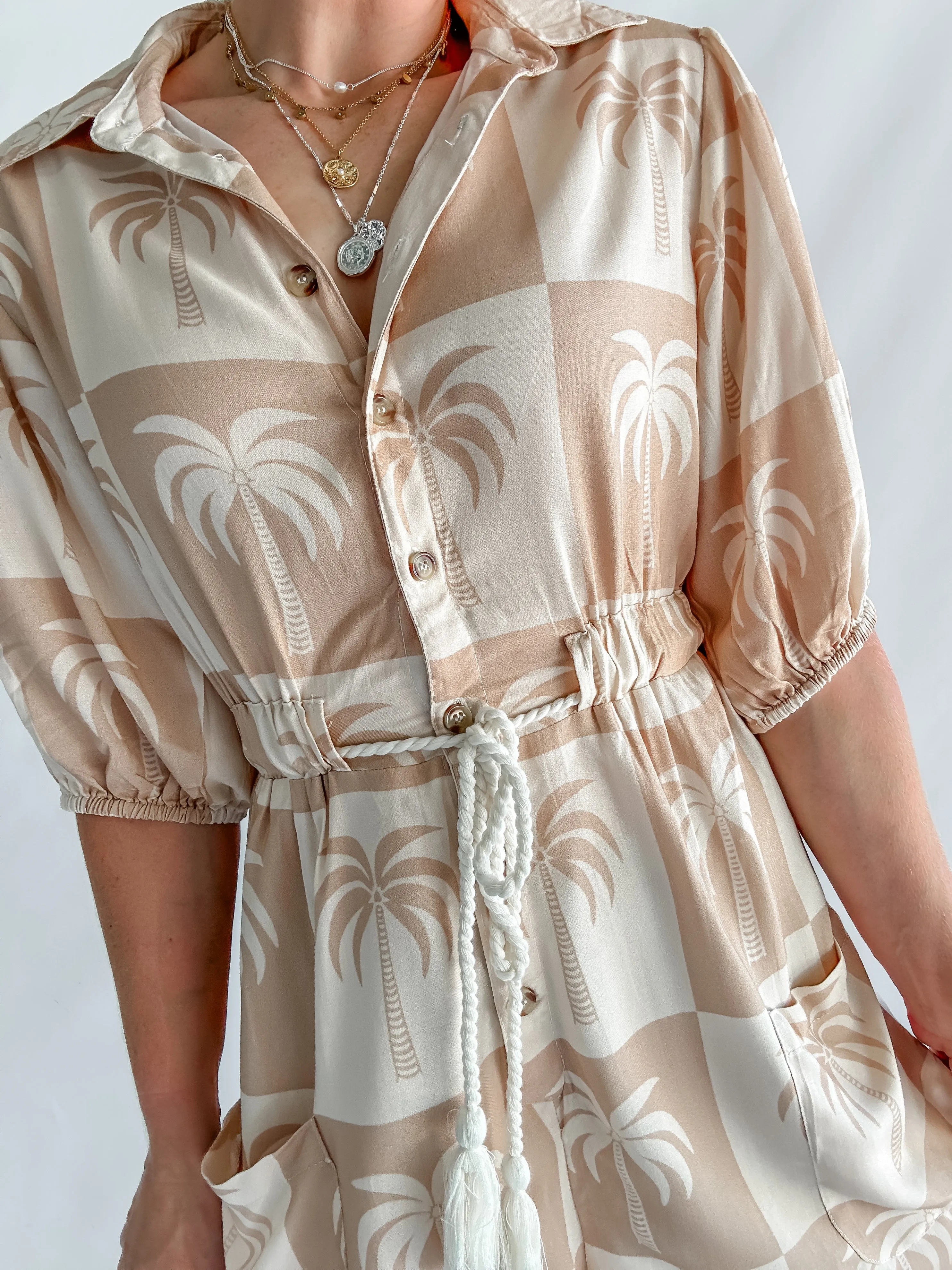 PARADISE PLAYSUIT - NEUTRAL PALM PRINT