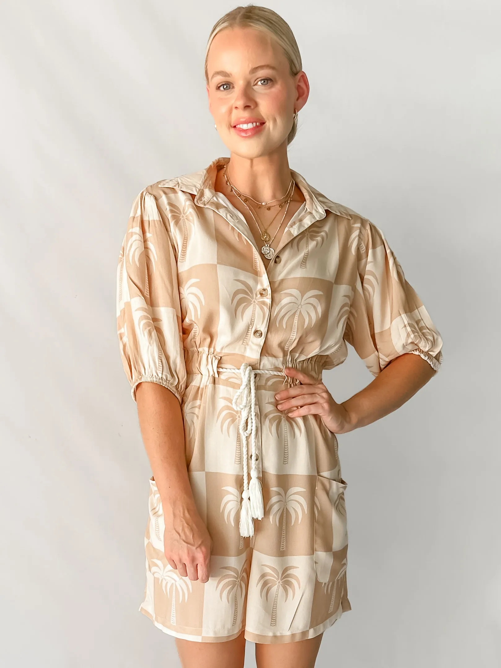 PARADISE PLAYSUIT - NEUTRAL PALM PRINT