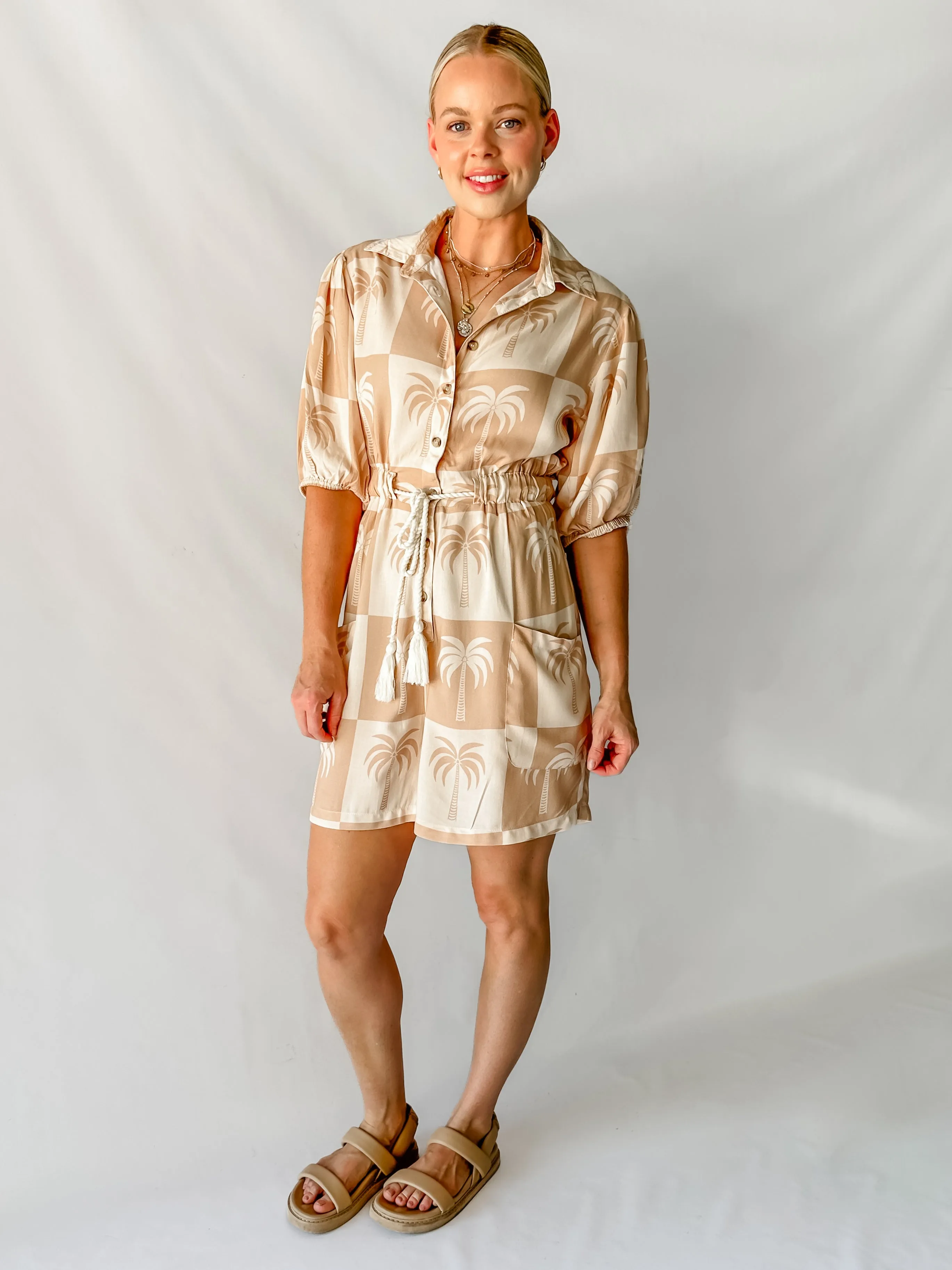 PARADISE PLAYSUIT - NEUTRAL PALM PRINT